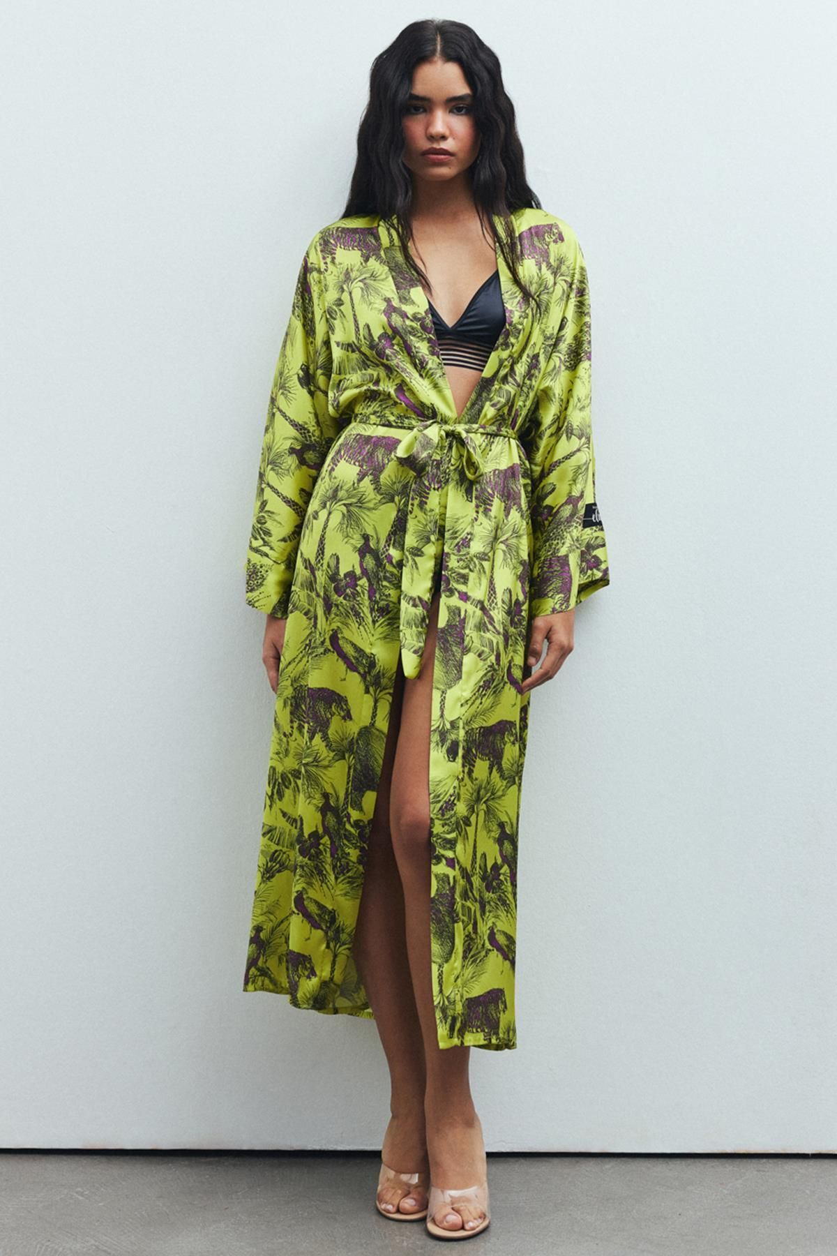 Feu De Elu Frappant Jardin Desenli Uzun Saten Sabahlık / Kimono