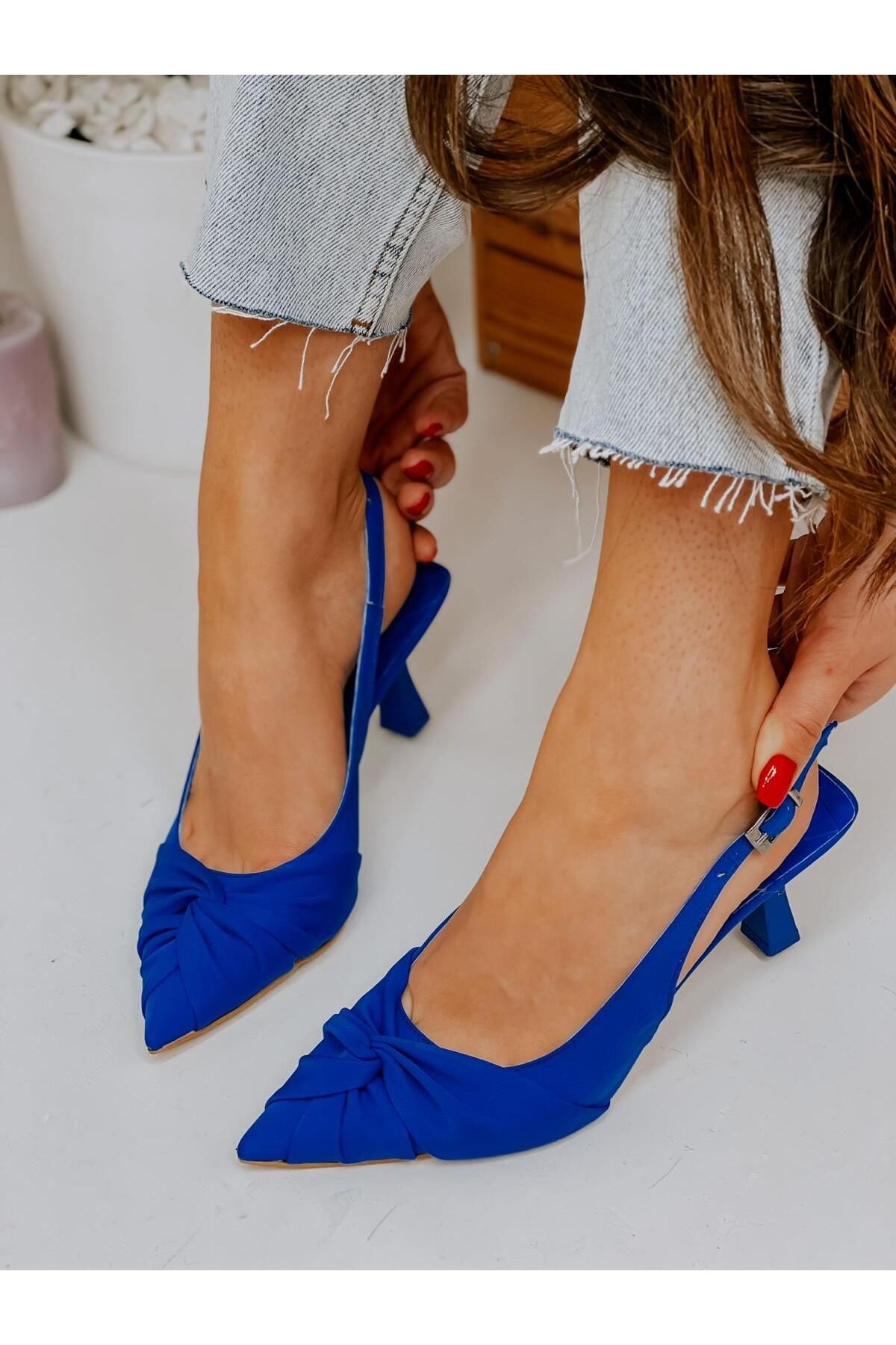 ERVANIN BUTİĞİ Saks Mavi Saten (BOW) Fiyonk Detay Kadın Stiletto
