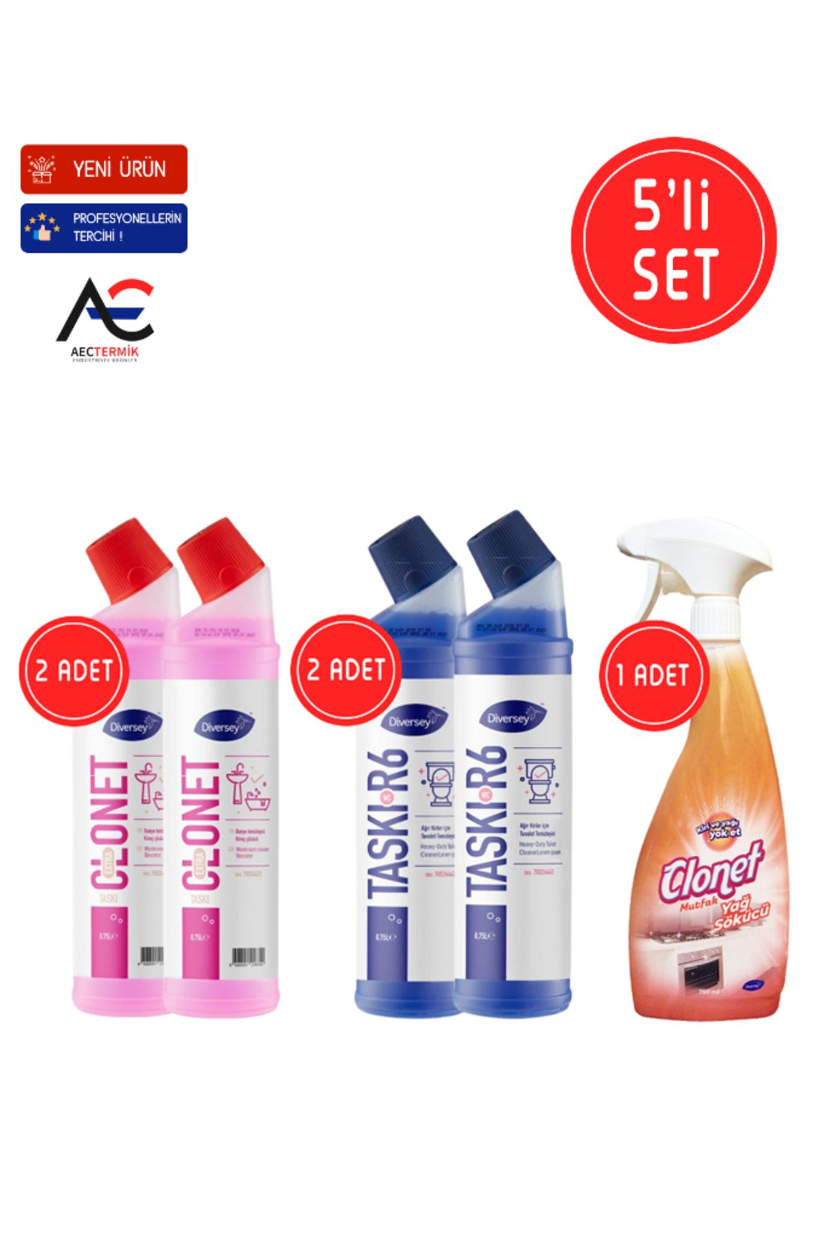 Diversey Clonet Temizlik Paketi 1 Adet Mutfak + 2 Adet Banyo + 2 Adet Tuvalet Temizleyici 5'li Set