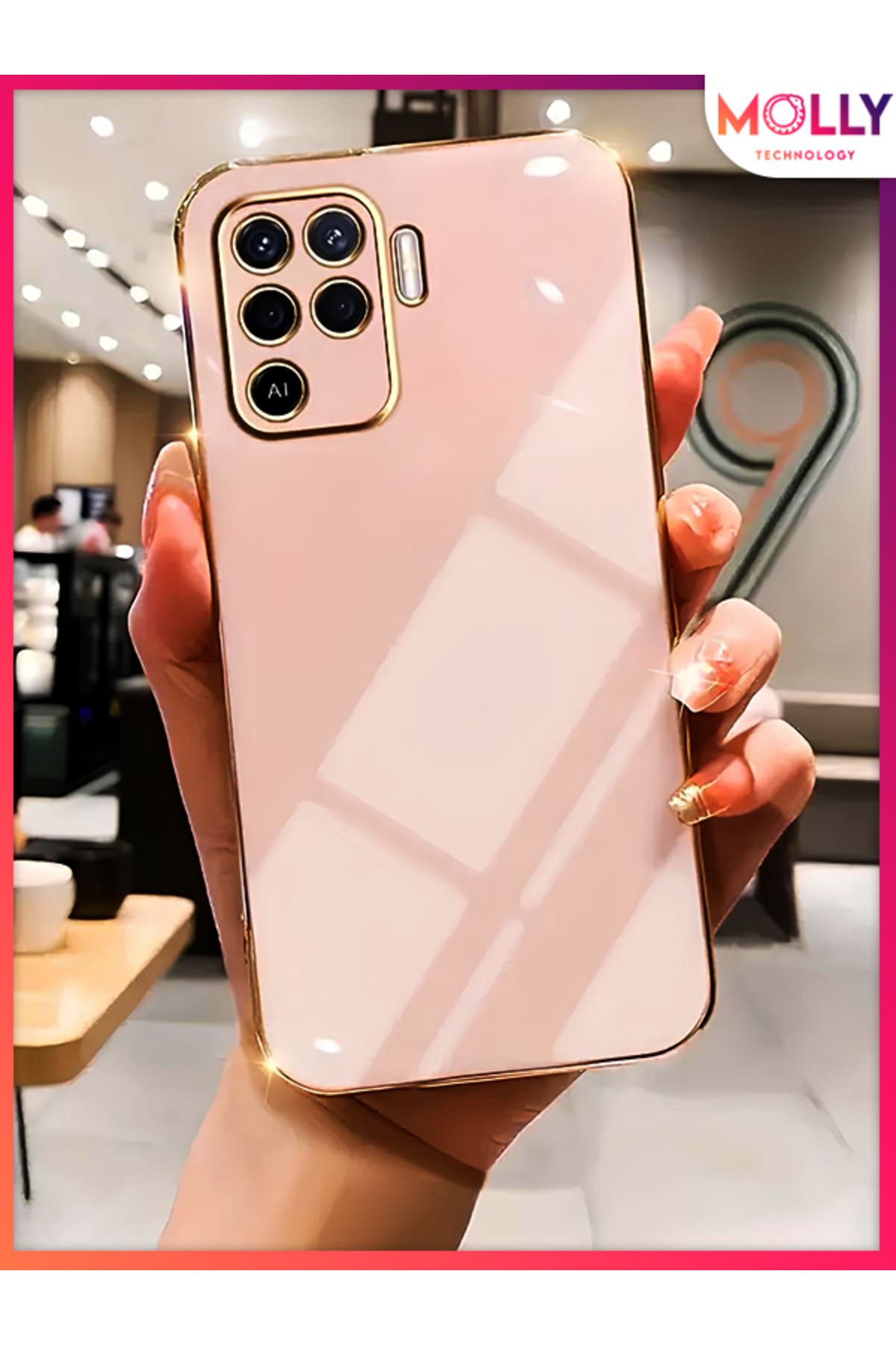 Molly Technology Oppo Reno 5 Lite Için Rose Kenarları Gold Detaylı Lüks Silikon Kılıf