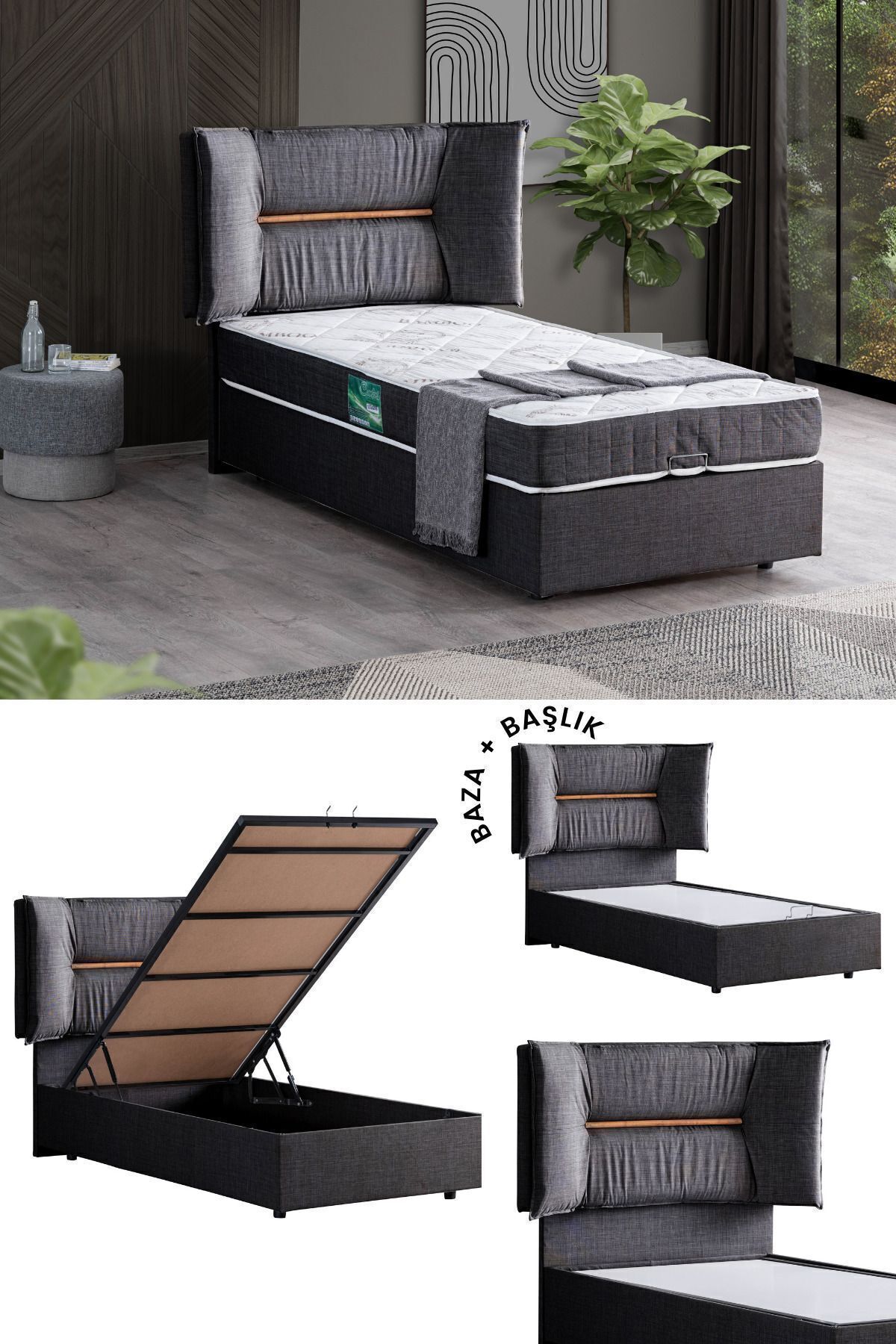 Setay Lizbon Ikili Set, Tek Kişilik Baza Başlık Seti, Antrasit