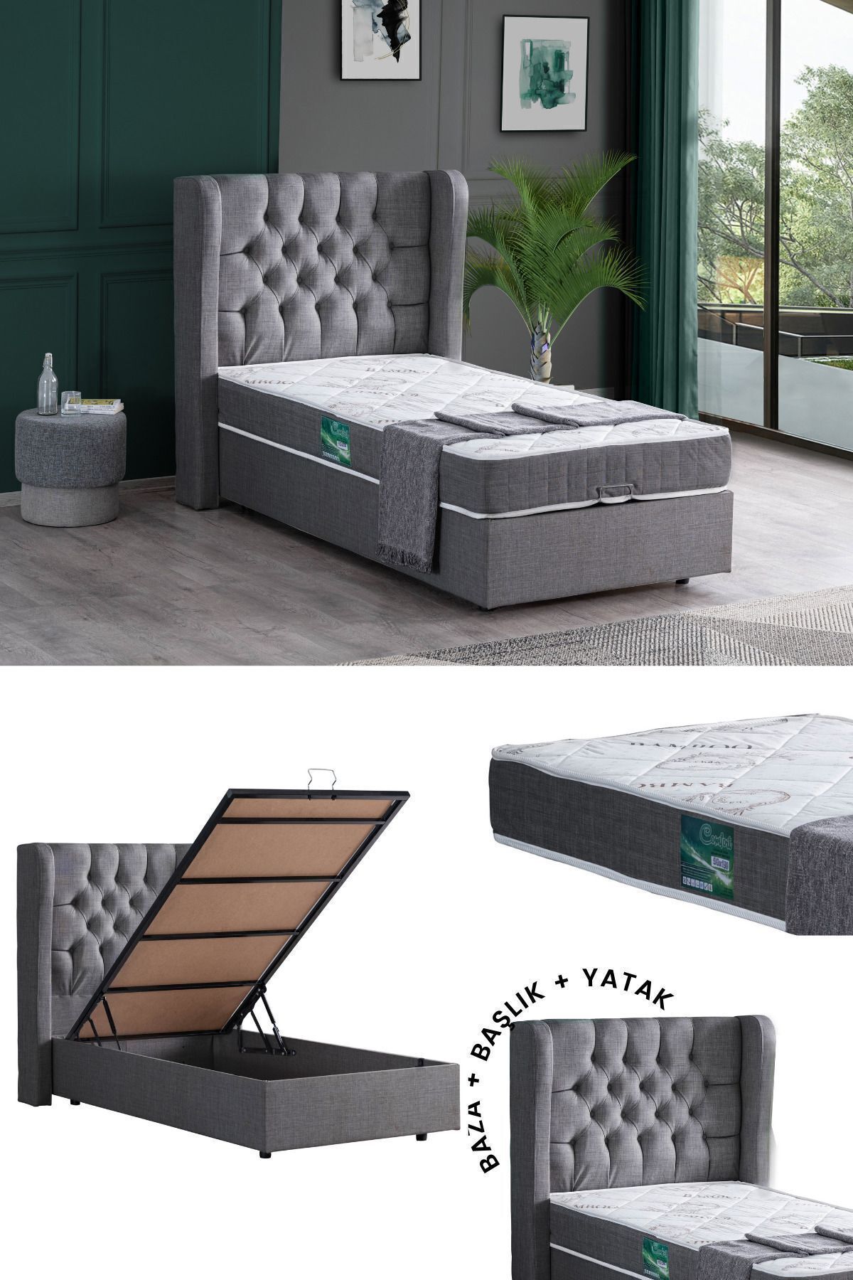 Setay Riga Tek Kişilik Baza Başlık Comfort Yatak Seti, Gri