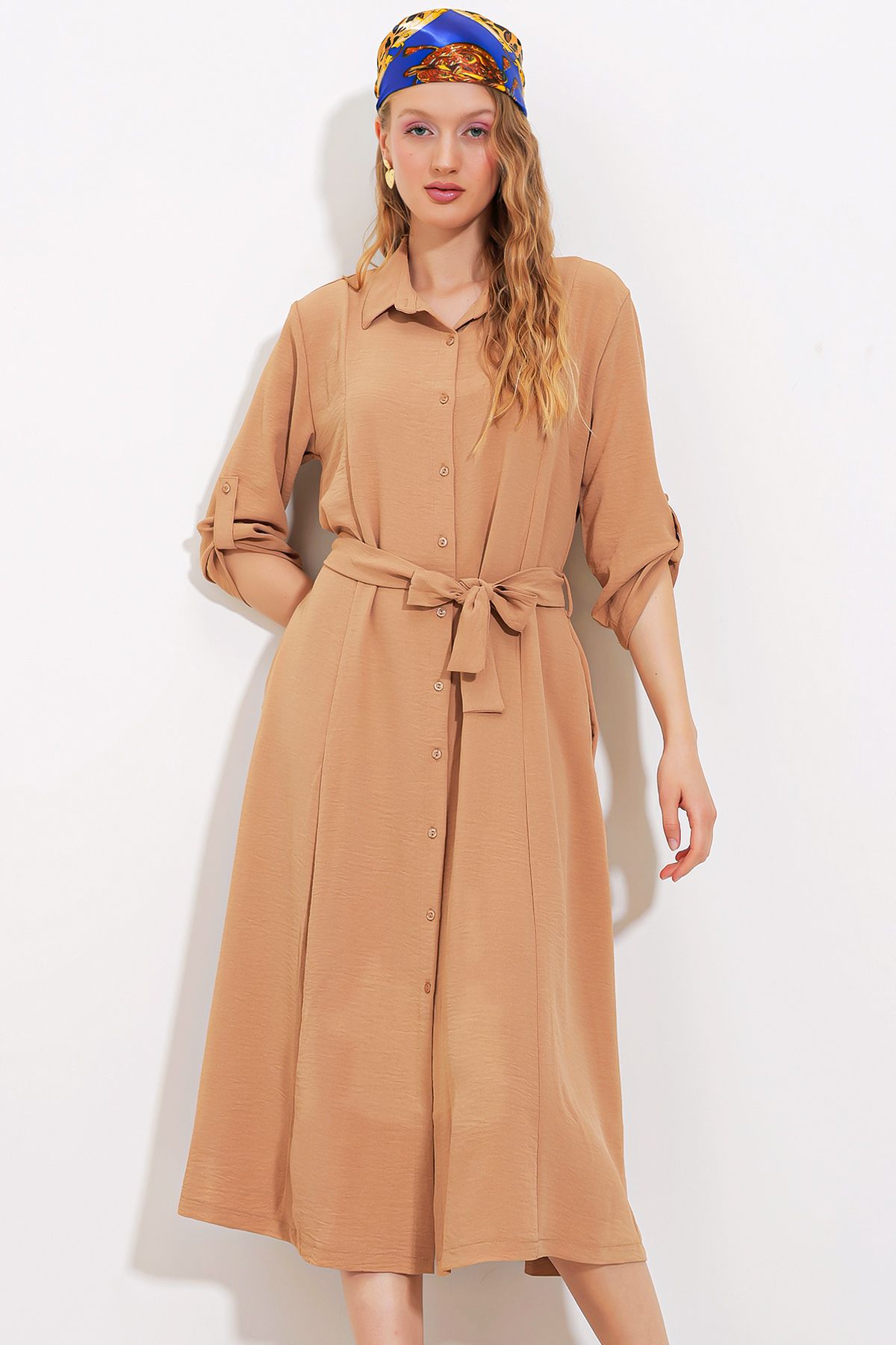 Bigdart Kadın Camel Kuşaklı Gömlek Elbise 2442