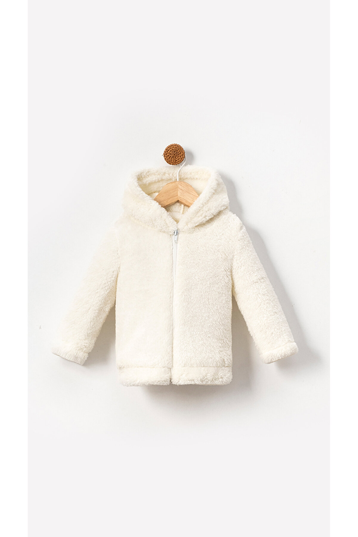 Bubito Fermuarlı Kapüşonlu Bebek Peluş Welsoft Kışlık Hırka - Beyaz