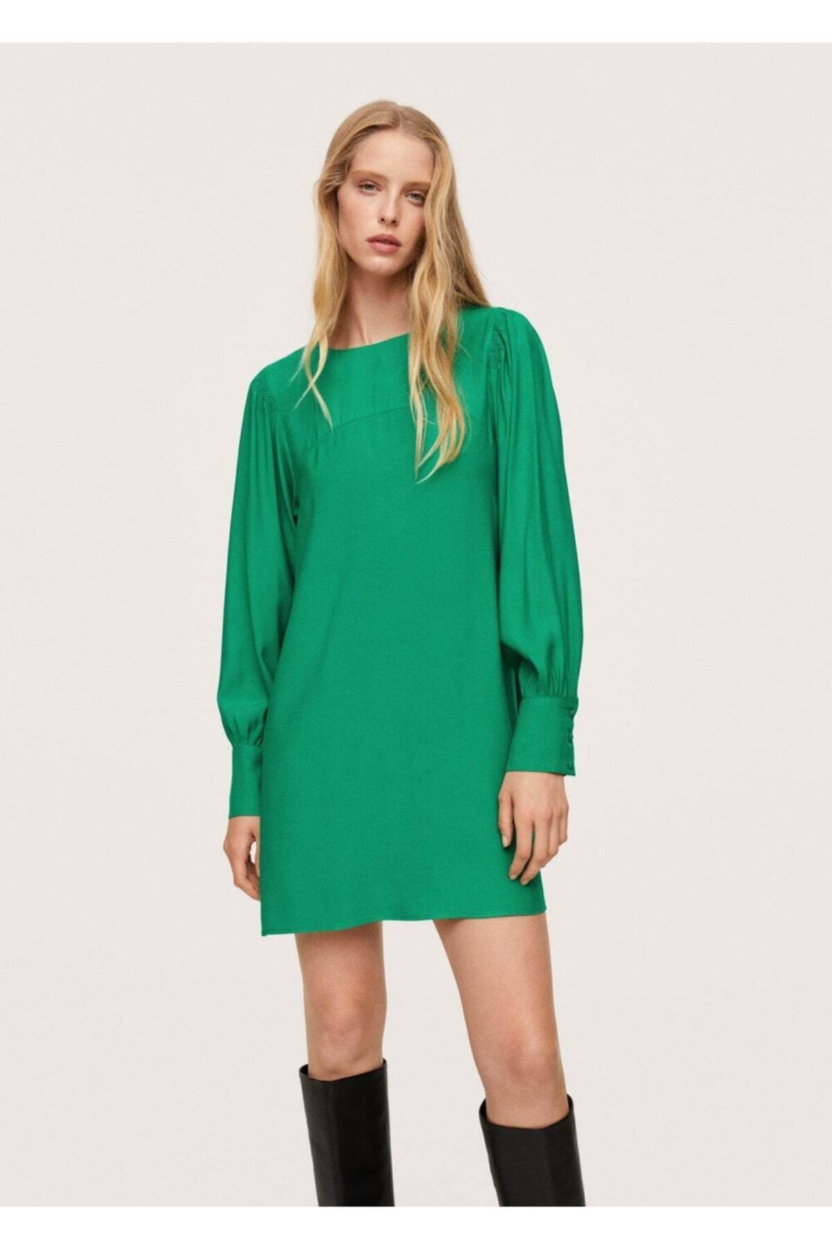 MANGO Kadın Yeşil Kabarık Kollu Elbise
