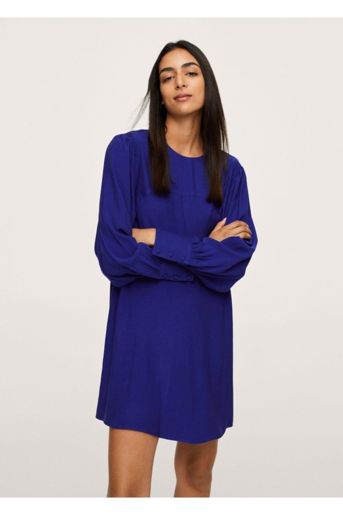 MANGO Kadın Mavi Kabarık Kollu Elbise
