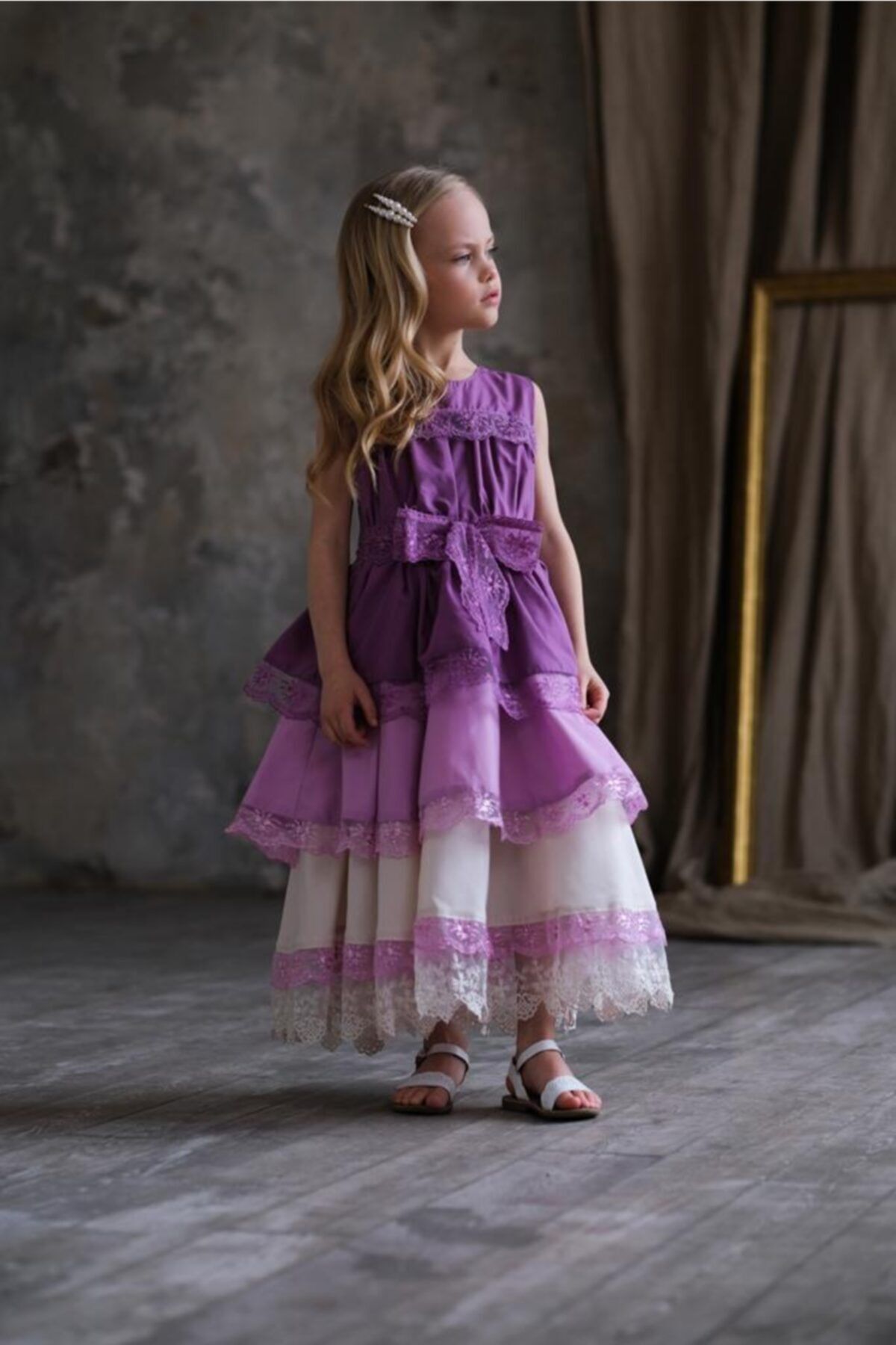 Hilal Akıncı Kids Kız Çocuk Mor Pamuk Poplin Kat Kat Dantelli Abiye Elbise