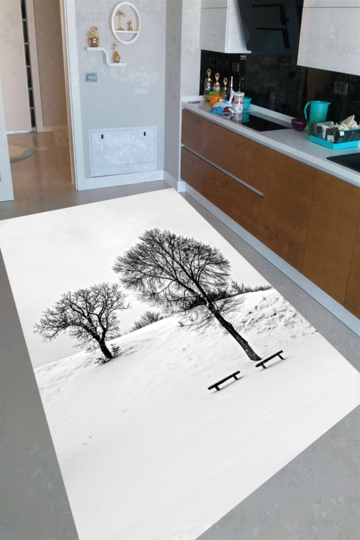 Resmiro Kış Ağaçları Ve Kar Desenli Dijital Baskılı Halı