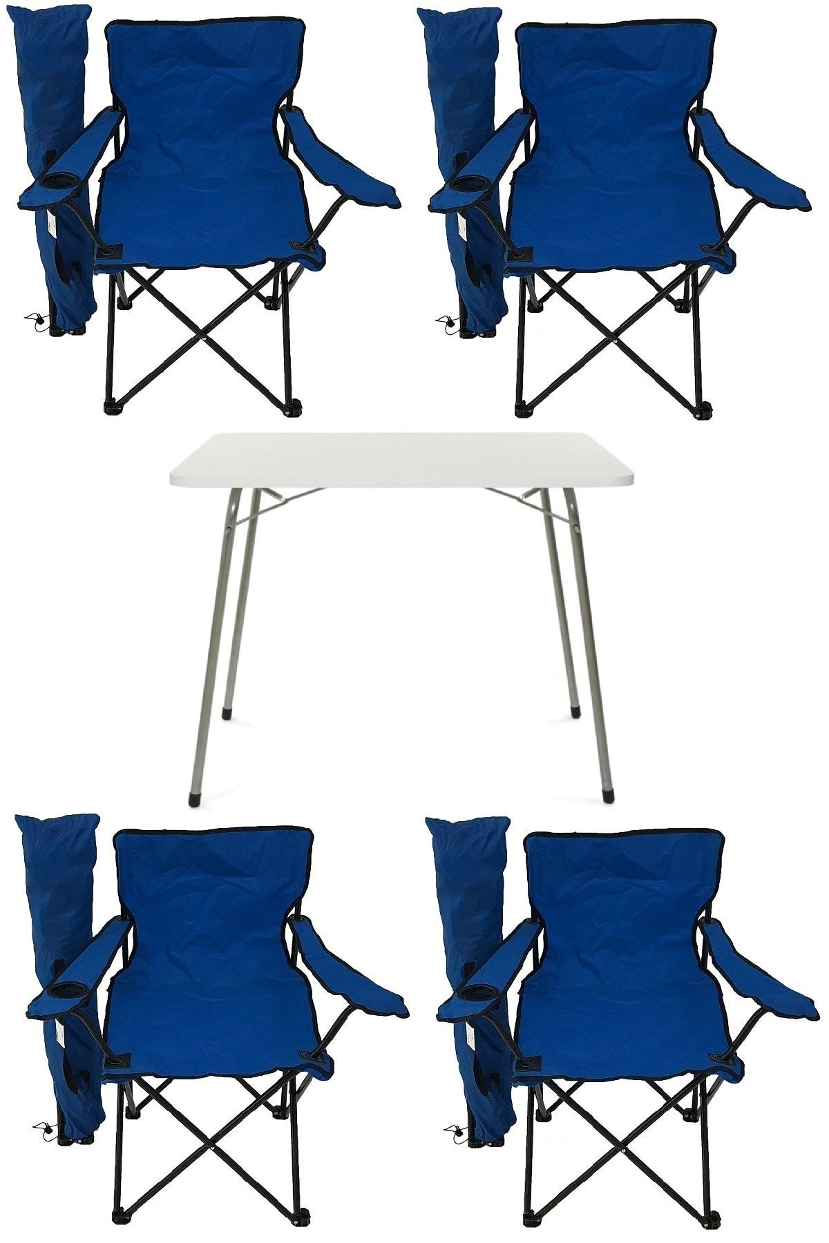 Bofigo 60x80 Katlanır Masa + 4 Adet Kamp Sandalyesi Katlanır Sandalye Piknik Plaj Sandalyesi Mavi