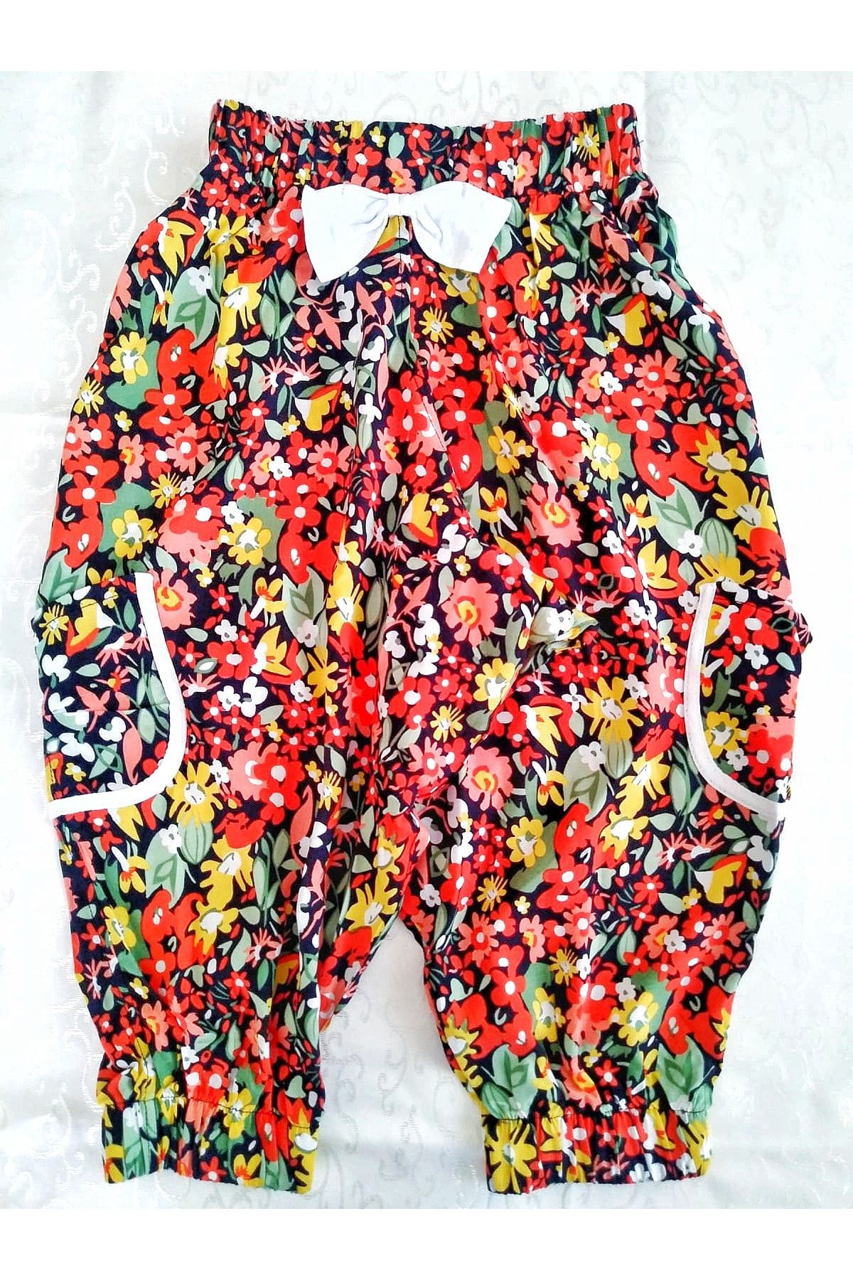 KobalBusiness Yazlık Otantik Turuncu Çiçekli Şalvar Pantolon Cep Detaylı Rahat Kesim Model.
