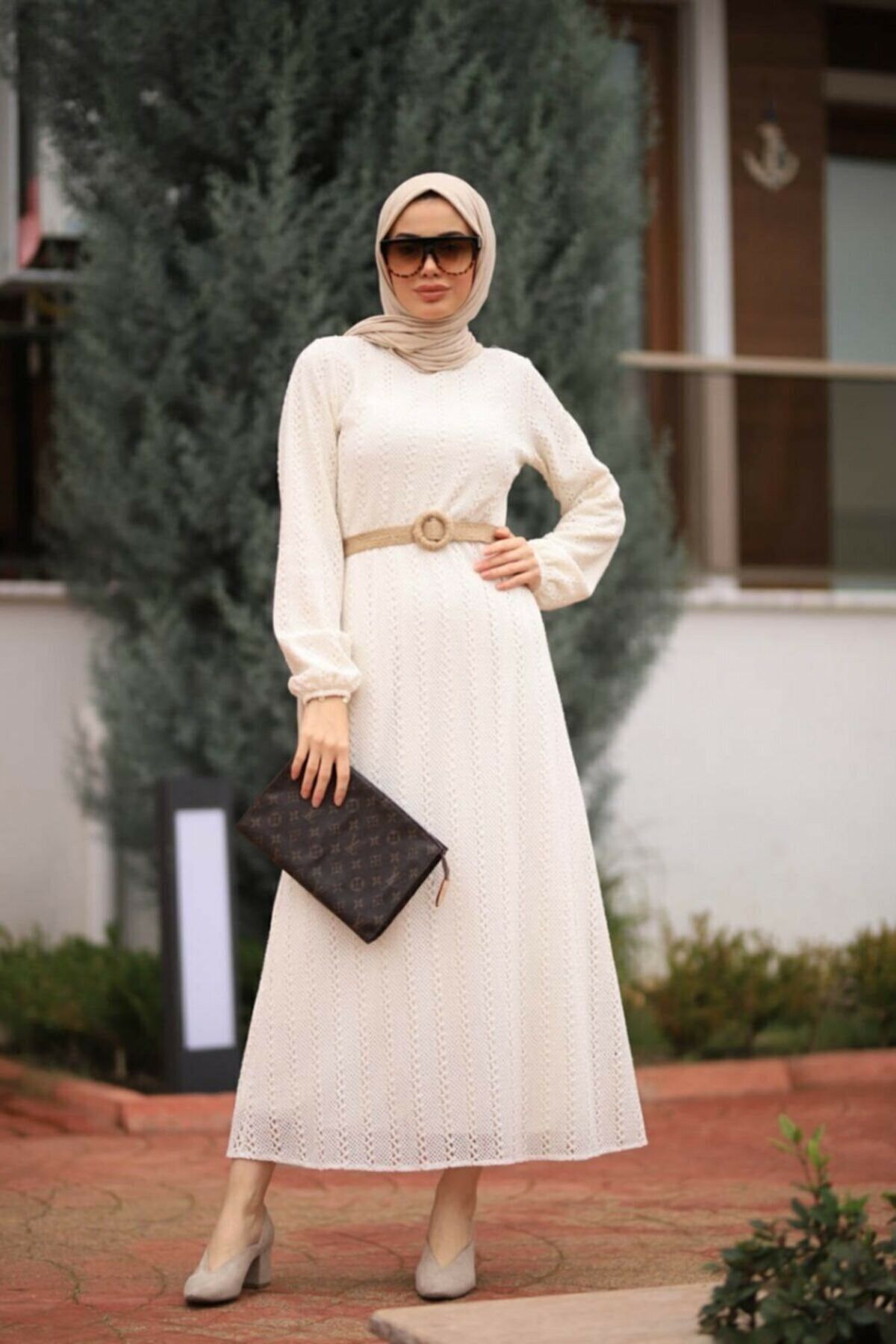 CNG MODA Kadın Tesettür Beyaz Danteli Astarlı Hasır Kemerli Elbise