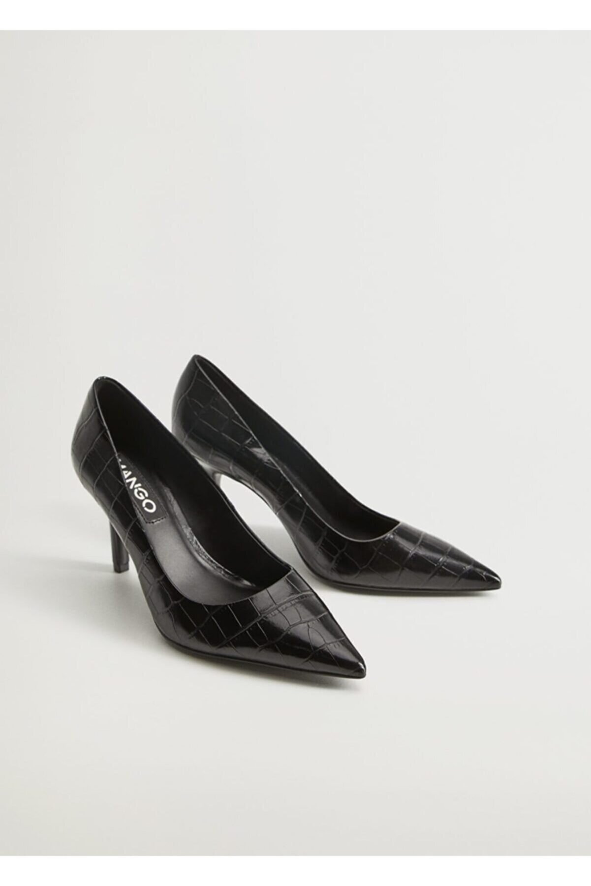 MANGO Kadın Siyah Timsah Derisi Görünümlü Topuklu Ayakkabı