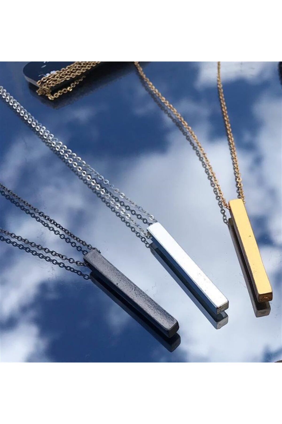 MedBlack Jewelry Unisex 3'lü Bar Çubuk Siyah Gümüş Altın Kolye Seti