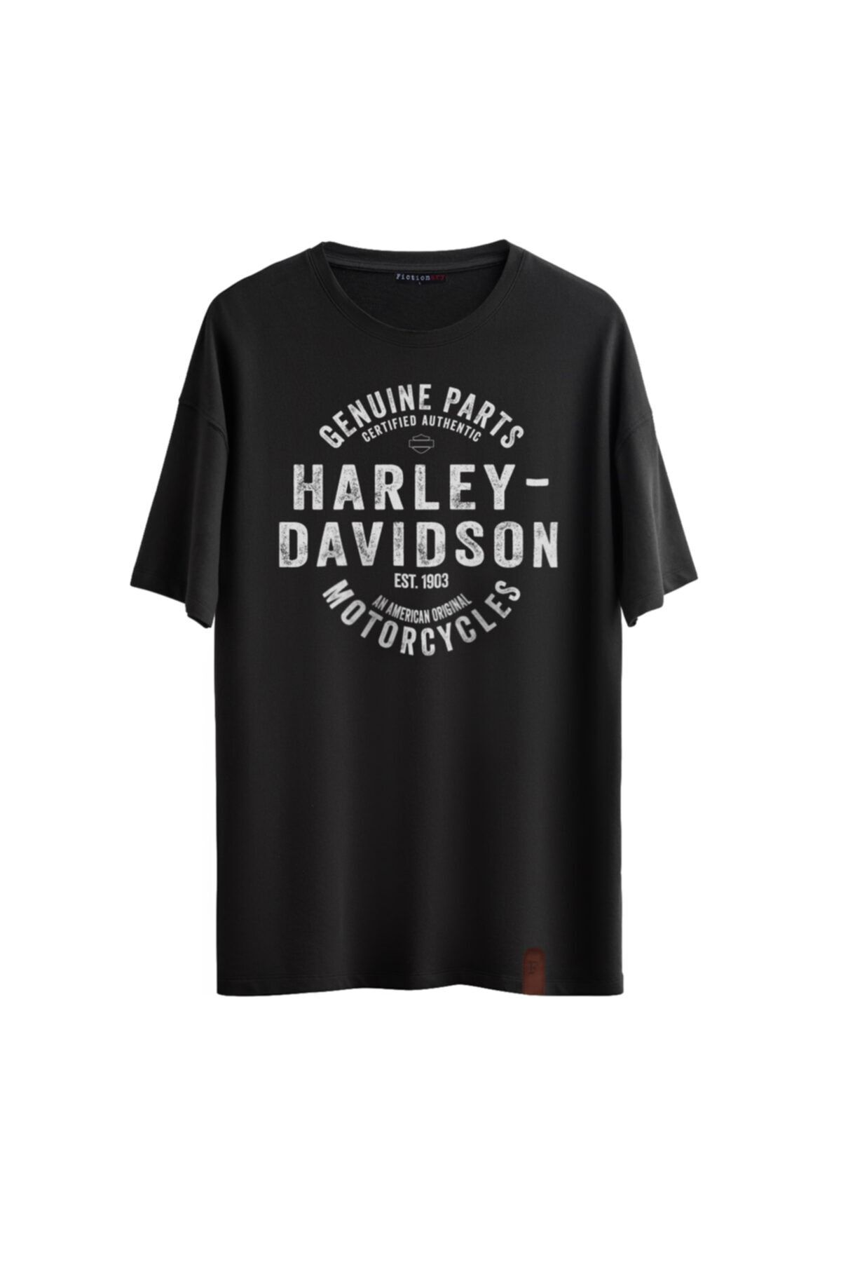 Fictionary Erkek Siyah Harley Davidson Baskılı Oversize Tasarım T-shirt