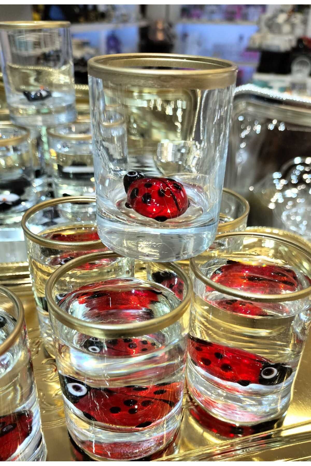 tacmira SU BARDAĞI 6 LI KAHVE YANI EL İŞLEME CAM UĞUR BÖCEK 95ML