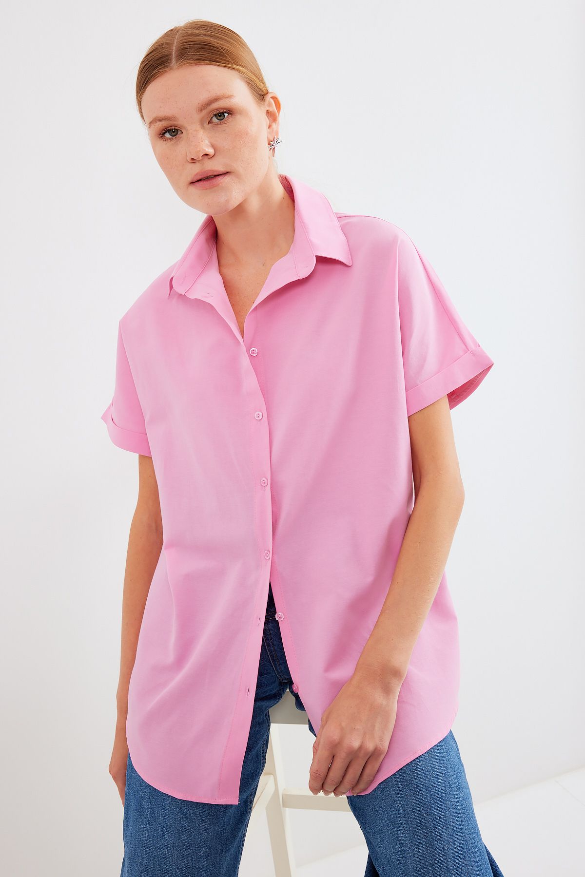 Bigdart 20120 Oversize Kısa Kollu Gömlek - Pembe