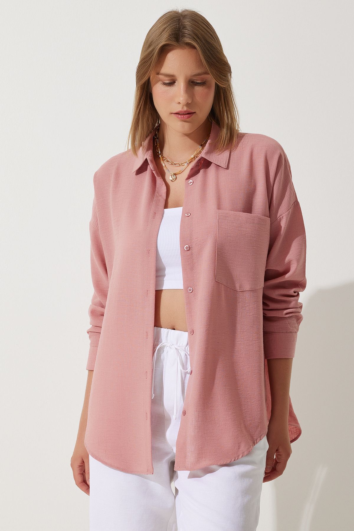 Lovelyİstanbul Oversize Basic Keten Ayrobin Gömlek GÜL KURUSU LDD0009