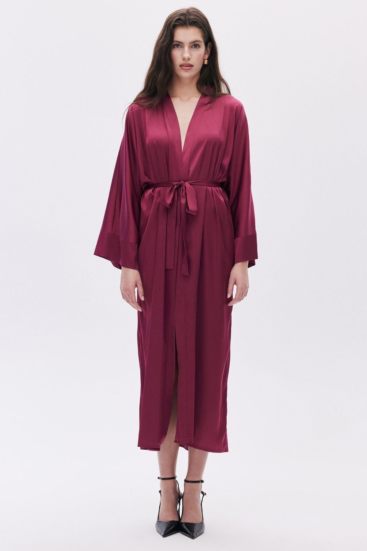 Feu De Elu Frappant Bordo Uzun Saten Sabahlık / Kimono
