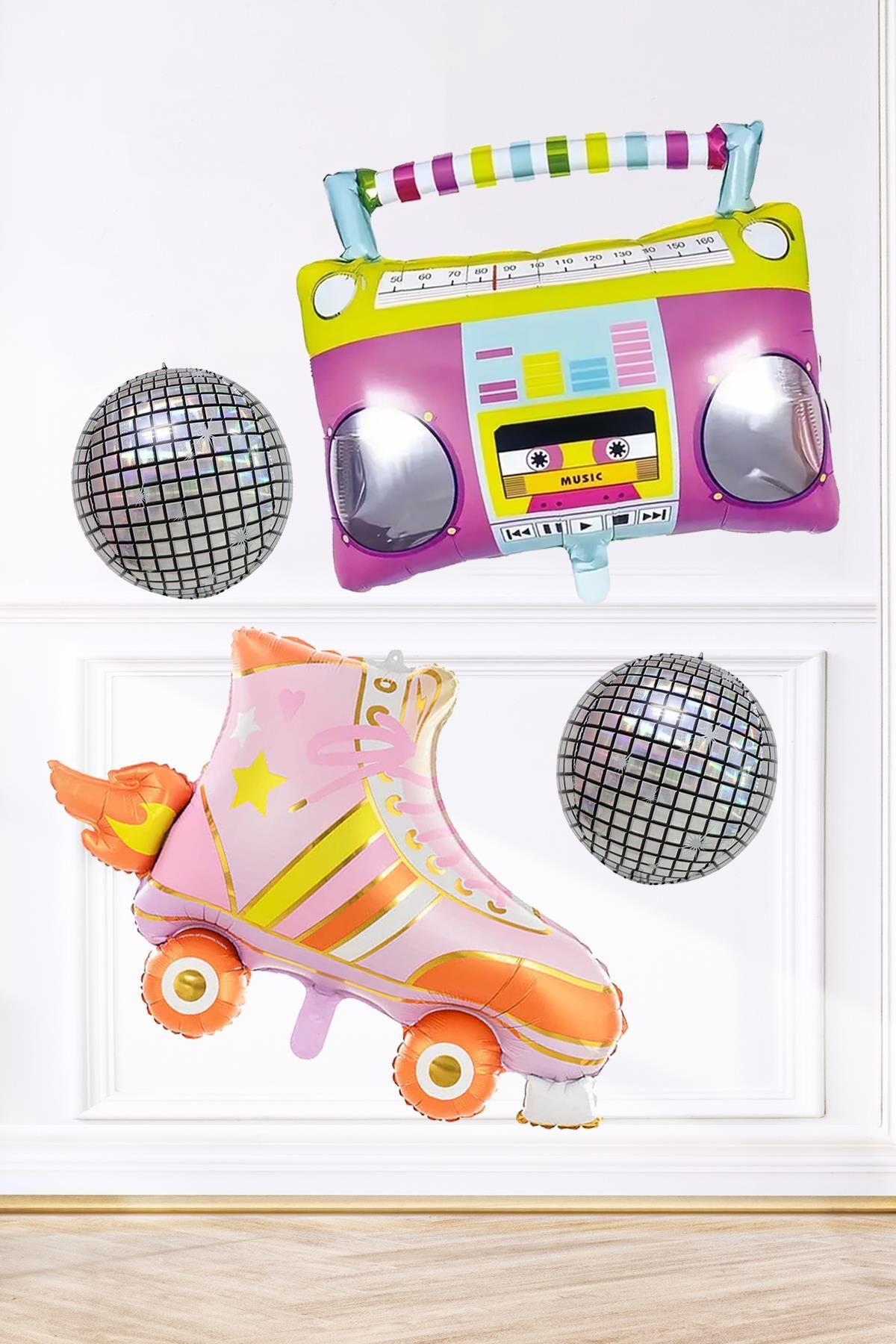 PEKSHOP Retro Disko Tema Doğum Günü Balon Seti Retro Paten , Radyo ve Disko Topu Doğum Günü Balon Seti