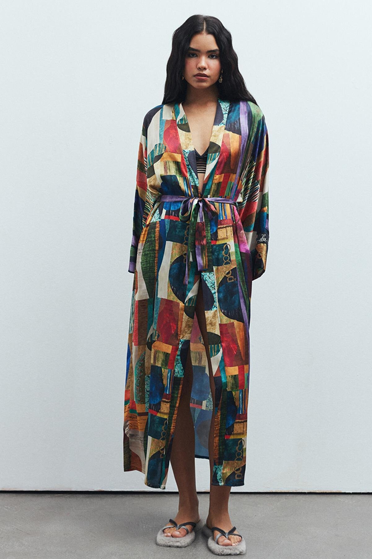 Feu De Elu Frappant Coloré Desenli Uzun Saten Sabahlık Kimono | Stylish Ev Giyim
