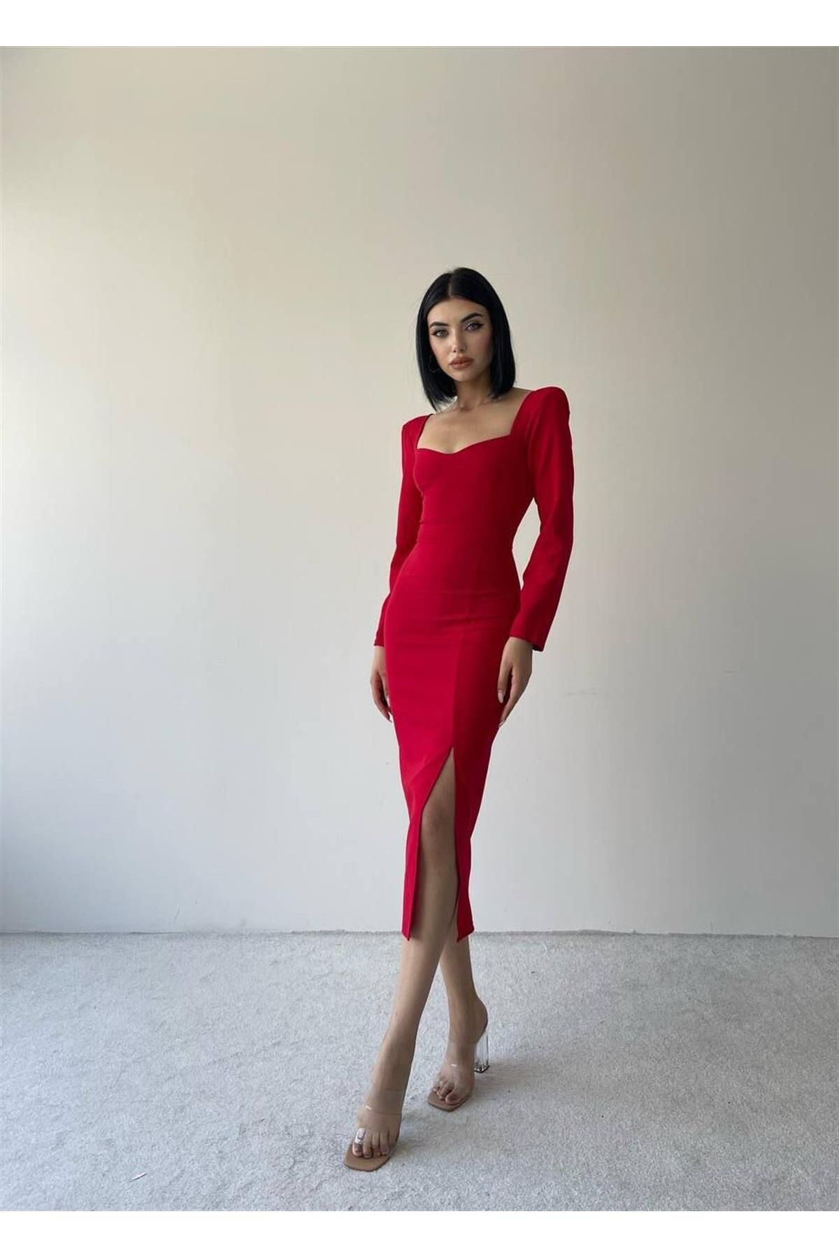 conconmoda Clara Kalp Yaka Uzun Kol Midi Boy Elbise - Kırmızı