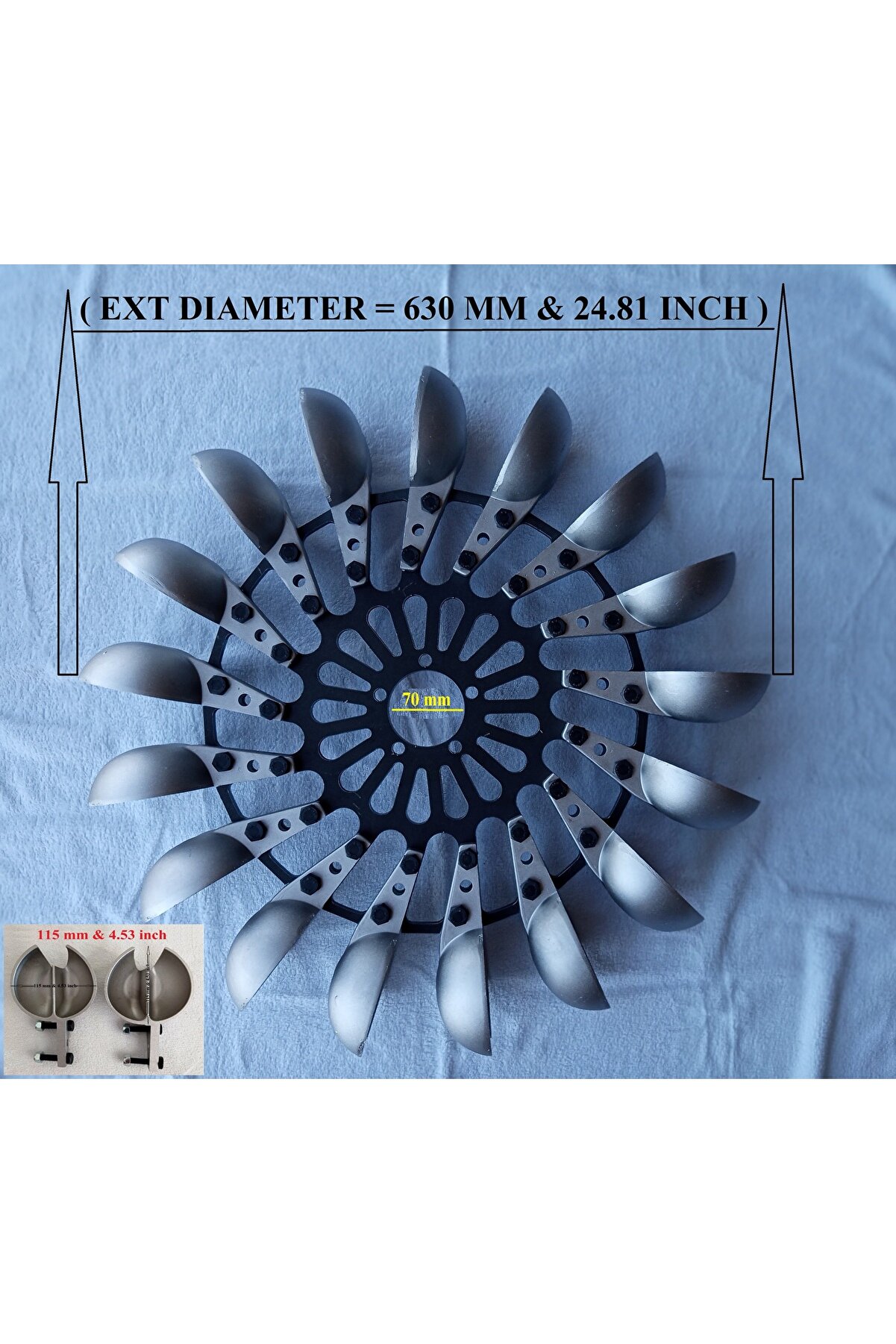 Pelton Türbin Çarkı ( Dış Çap = 630 mm _50 24.81 inch ) Alüminyum Kaşıklı