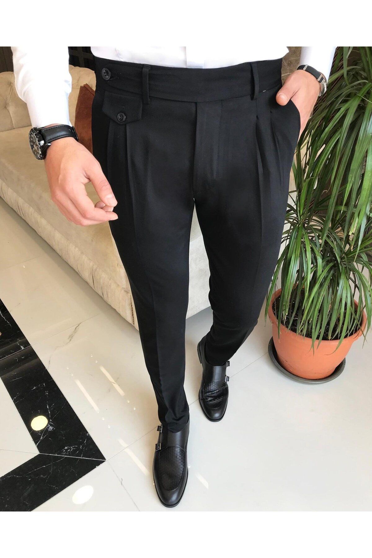 TerziAdemAltun İtalyan Stil Slim Fit Erkek Pileli Kumaş Pantolon Siyah T5287