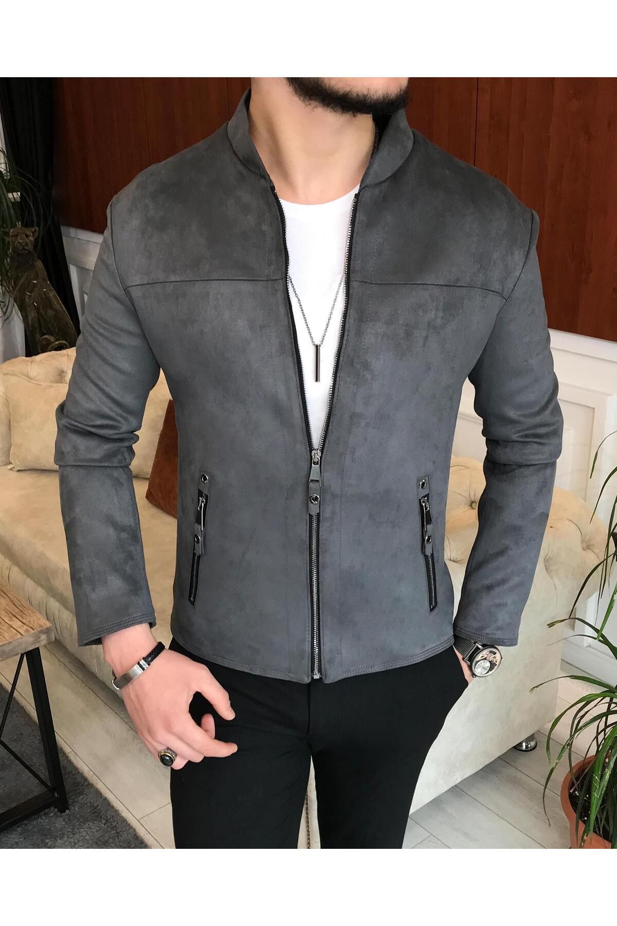 TerziAdemAltun İtalyan Stil Slim Fit Mevsimlik Erkek Süet Mont Gri T9175