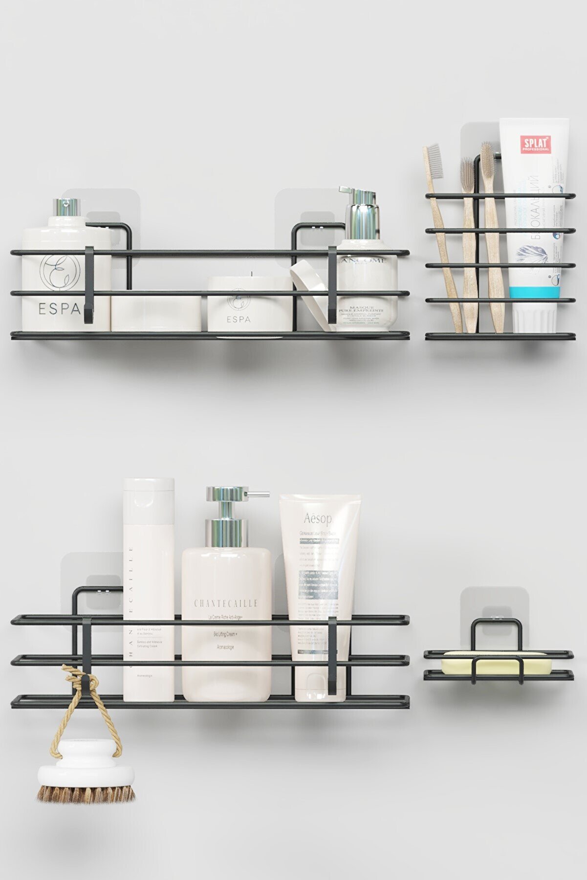 zabata Yapışkanlı Banyo Seti - Duş Rafı, Sabunluk, Diş Fırçalık Metal Set