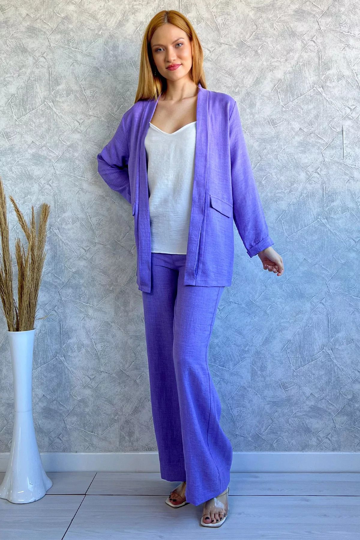 GÜLSELİ Lila Kadın Ceket Bluz Pantolon Üçlü Takım