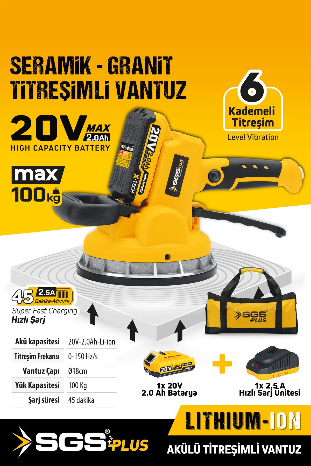 SGS PLUS SGS5415 20 Volt 2 Amper Akülü Titreşimli Vantuz Seramik Granit Mermer Kiremit Döşeme Makinesi