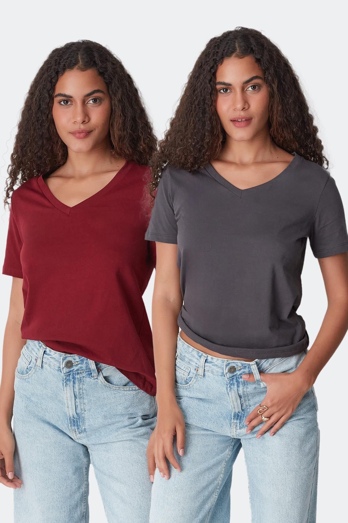 C&CITY V Yaka Kısa Kol 2'li Basic T-Shirt 962 Füme/Bordo