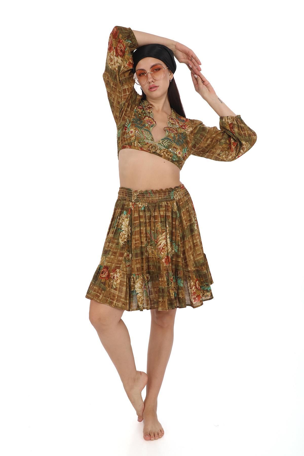 Bohem Stil Hint Gypsy Time Kısa Etek Bluz Takım
