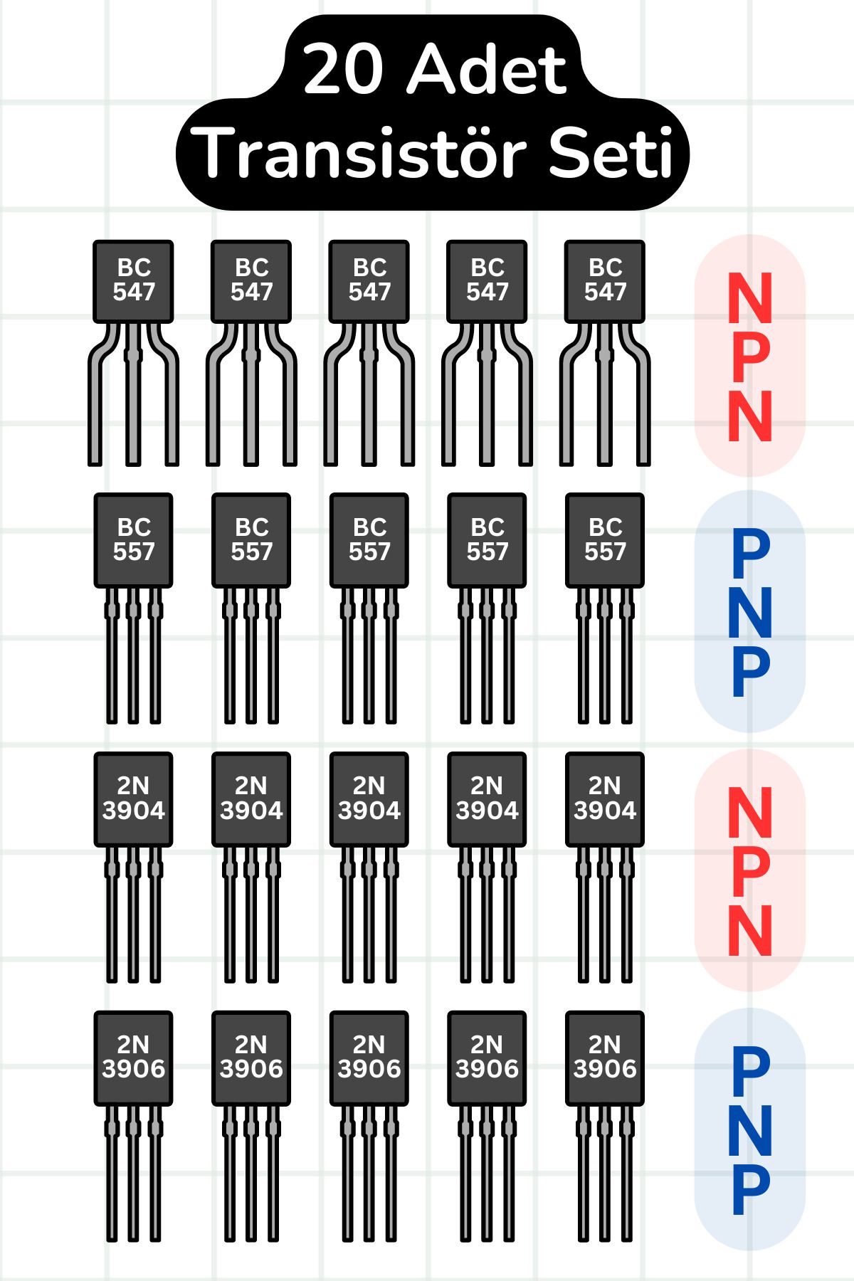 elektrik 20 Adet BJT TO-92 Transistör Seti - BC547 + BC557 + 2N3904 + 2N3906