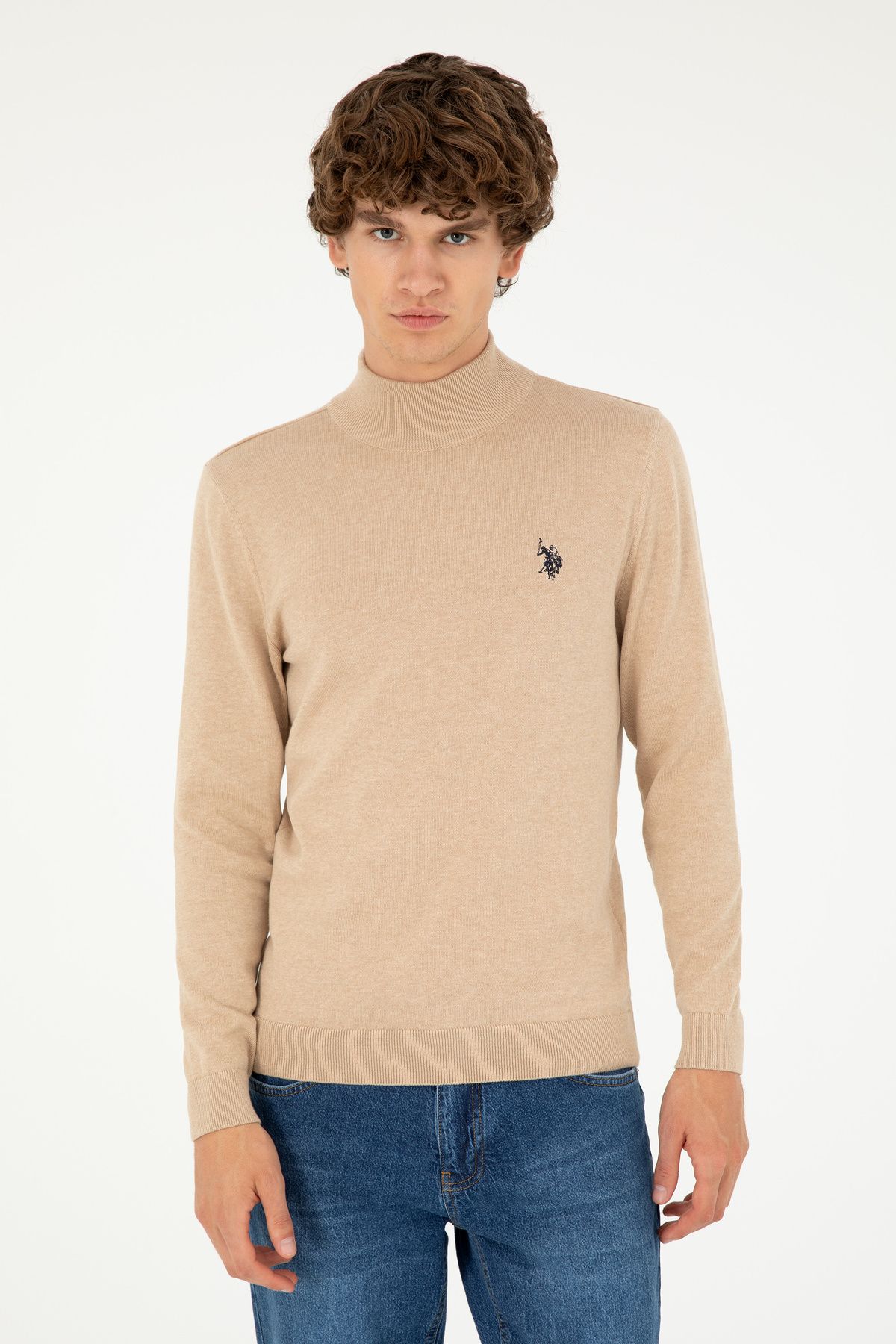 U.S. Polo Assn. Erkek Slim Fit Yarım Boğazlı Kum Melanj Basic Kazak 50293499-vr123