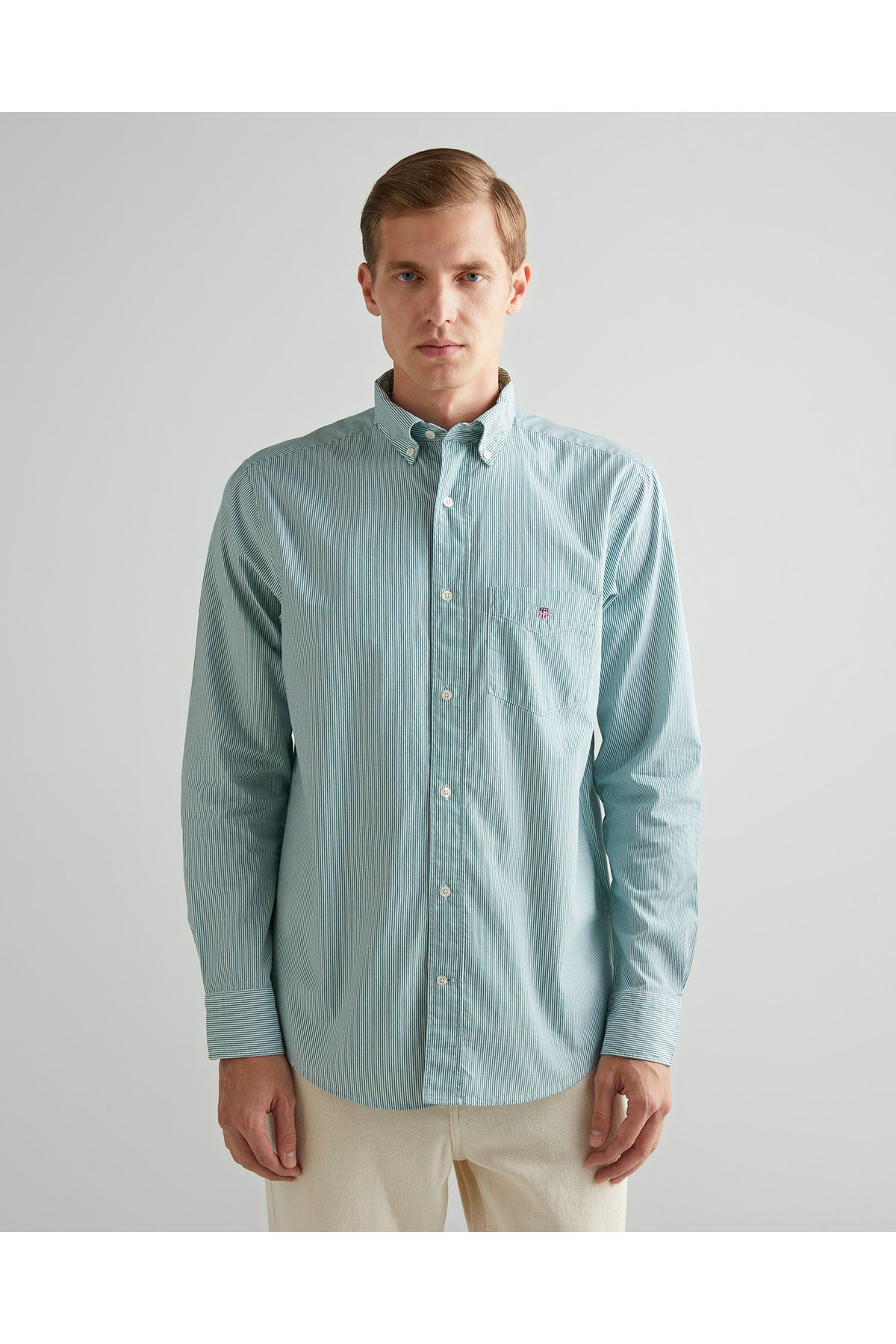 Gant Erkek Yeşil Regular Fit Çizgili Düğmeli Yaka Gömlek