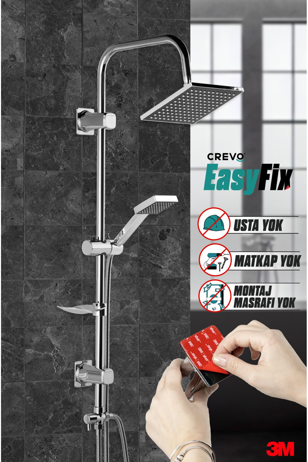 CREVO Krom 3m Easyfix Yapışkanlı Robot Yağmur Tepe Duş Seti Paslanmaz Farah Crv008