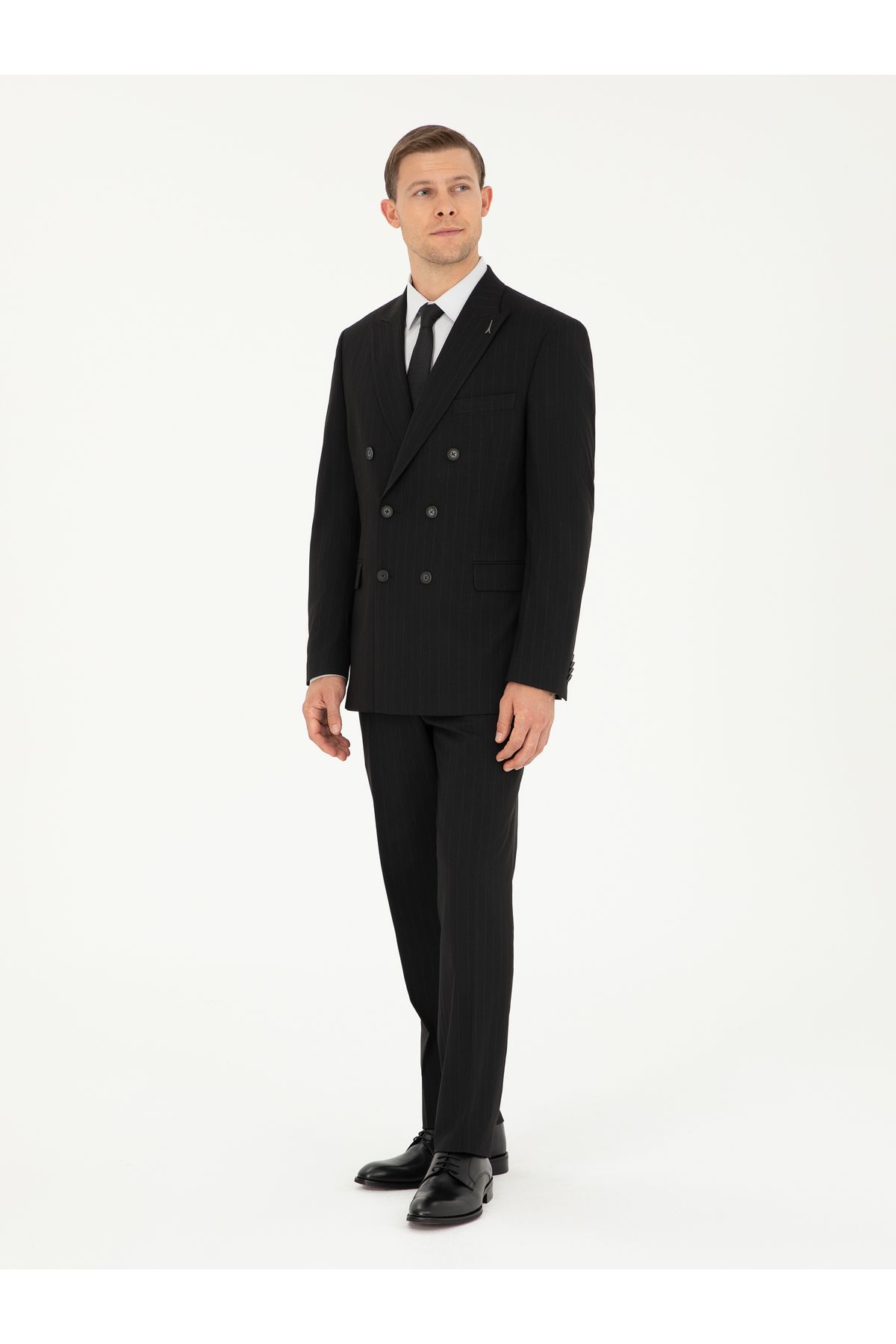 Cacharel Siyah Slim Fit Çizgili Kruvaze Takım Elbise 50293931-VR046
