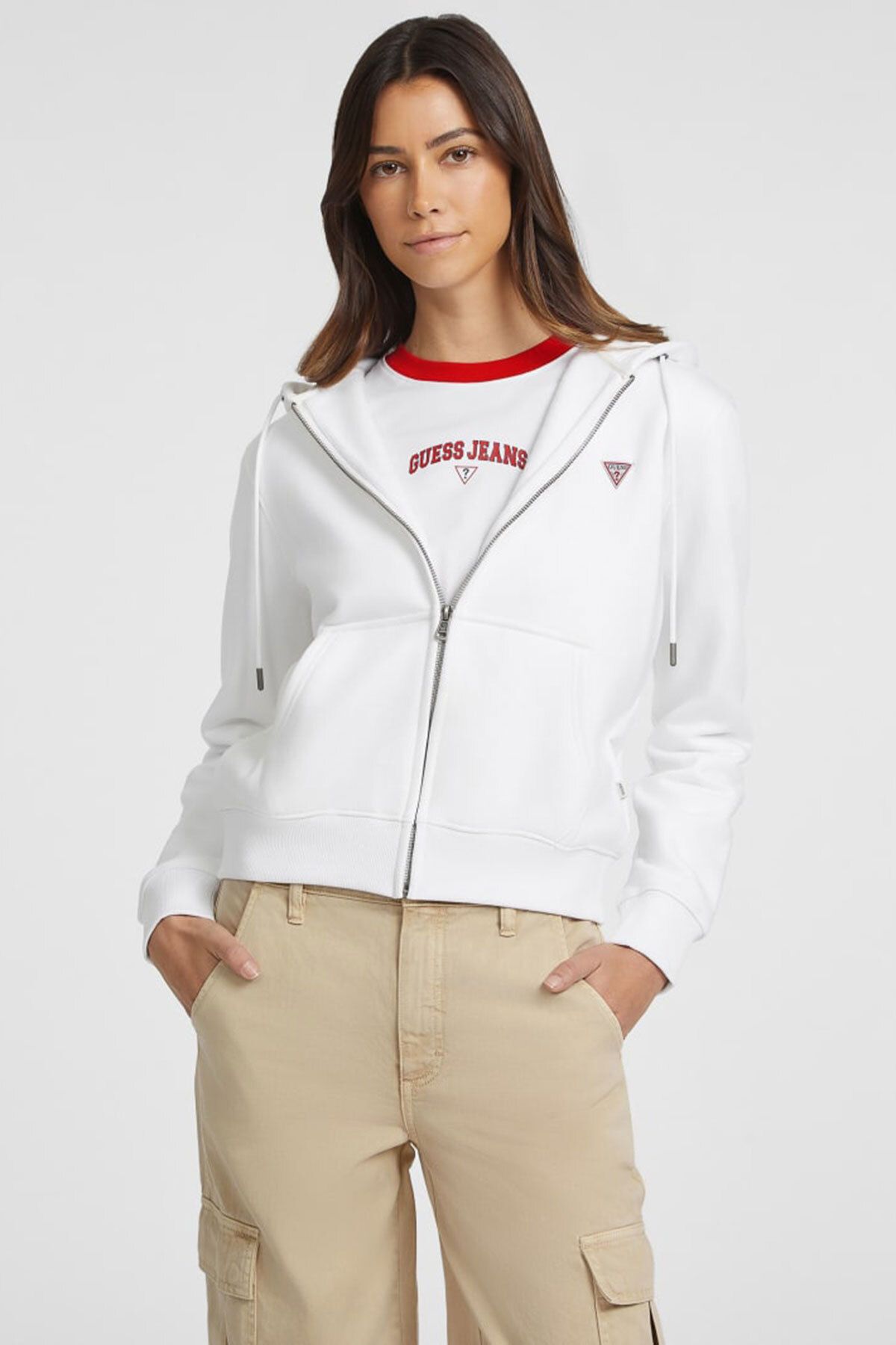Guess Kadın GJ Mini Yama Fermuarlı Sweatshirt - Beyaz