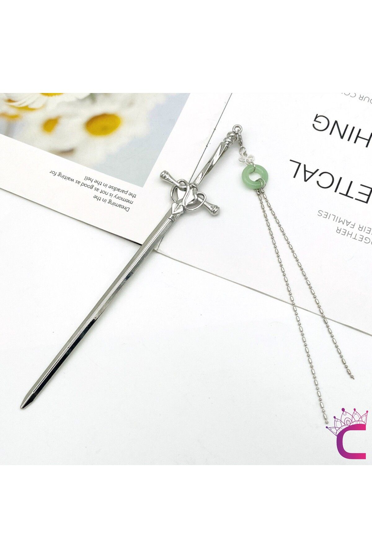 Cinderella Yeşim Taşlı Kolye Uçlu Kılıç Tasarım Metal Saç Topuz Tokası 20cm - Şık Gotik Boho Çubuk Topuz Tokası