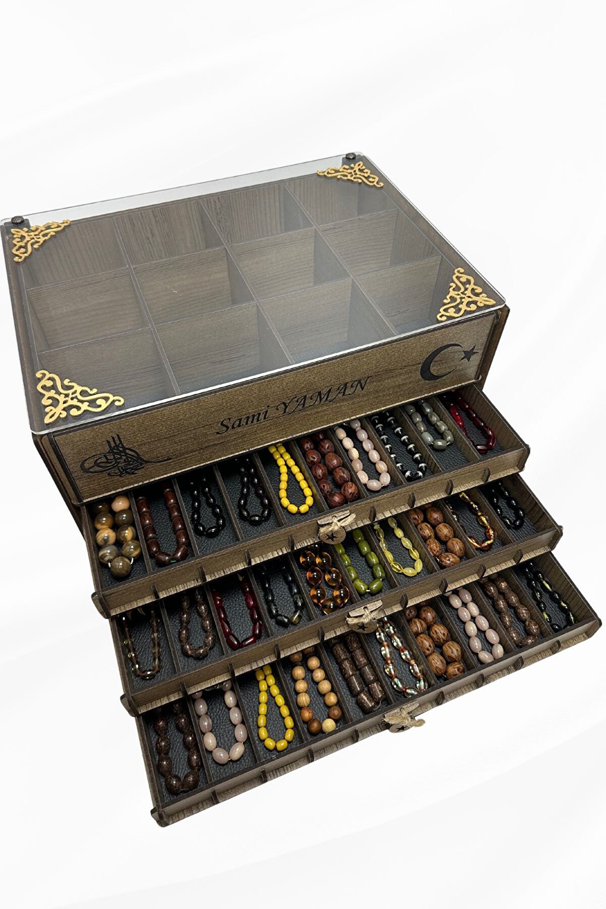 Yaman Hediyelik Cam Kapaklı Ahşap Tesbih Ve Saat Koleksiyon Kutusu 3+1