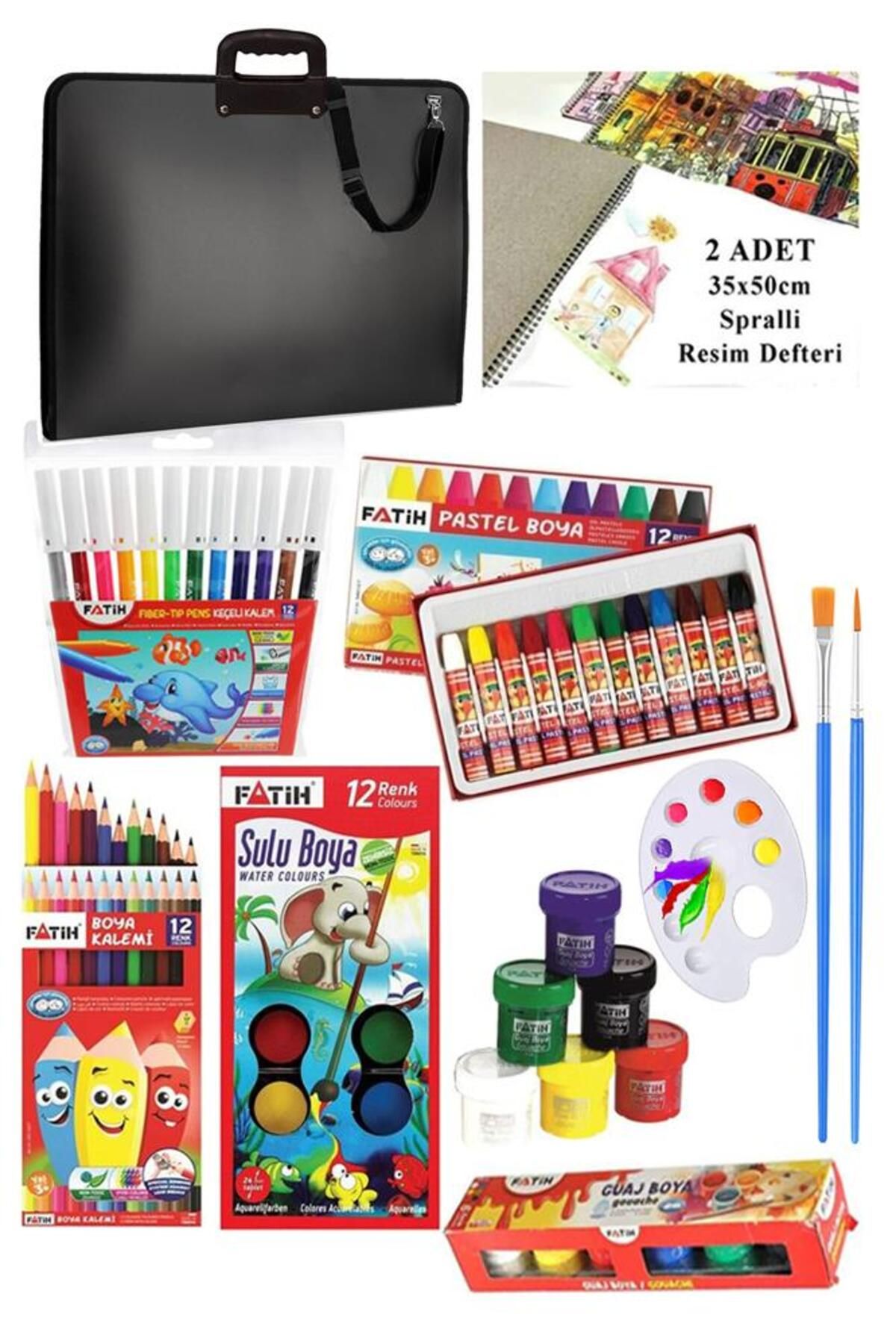 Artlantis Öğrenci Boyama Seti 11 Parça 1 Paket 35x50 Resim Çantası Resim Defter Fatih Sulu Boya Kuru Boya Past