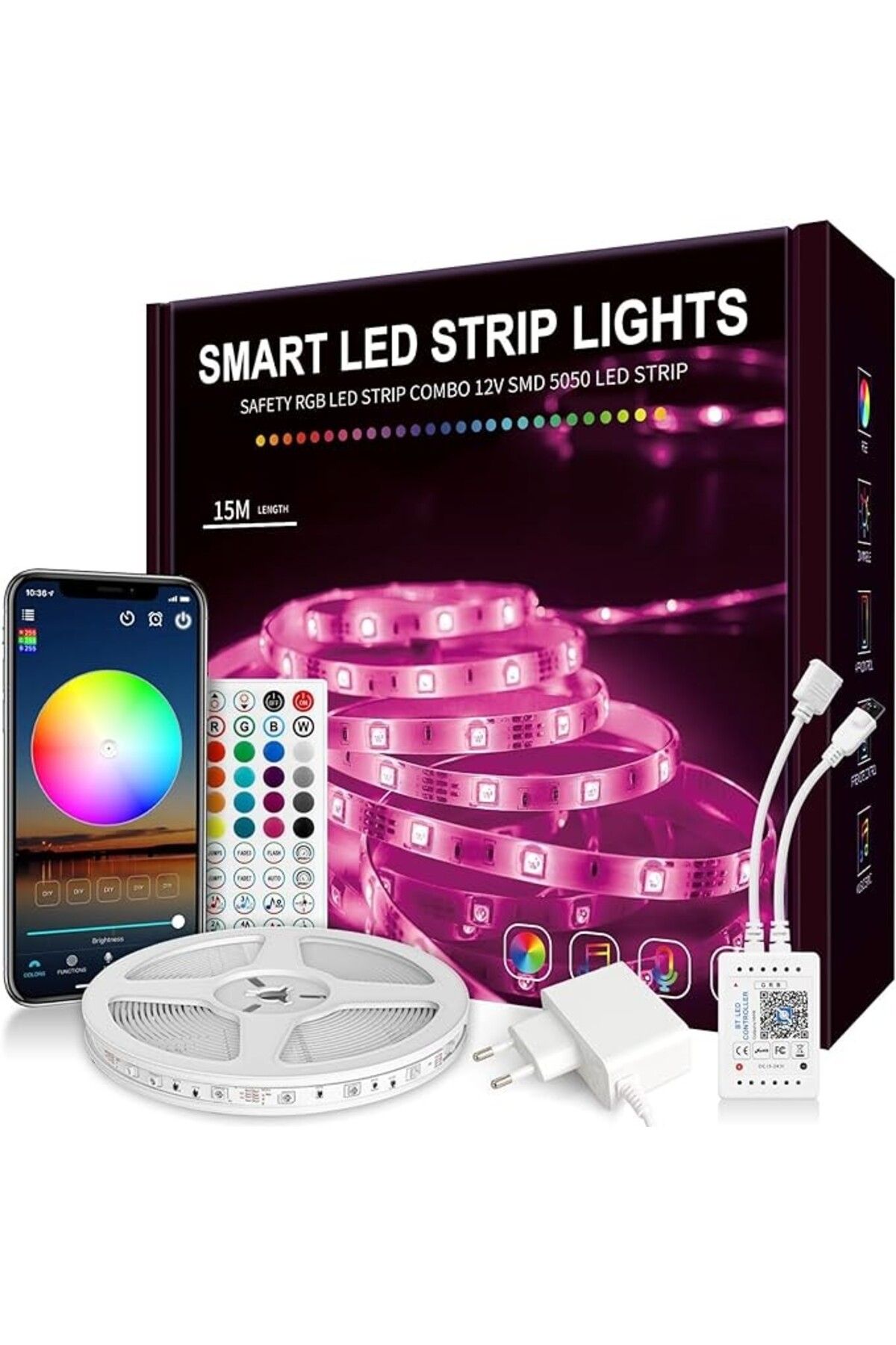 VARSTHREE 15 m Bluetooth RGB LED Şerit – Kendinden Yapışkanlı, Uzaktan Kumandalı ve Uygulamalı