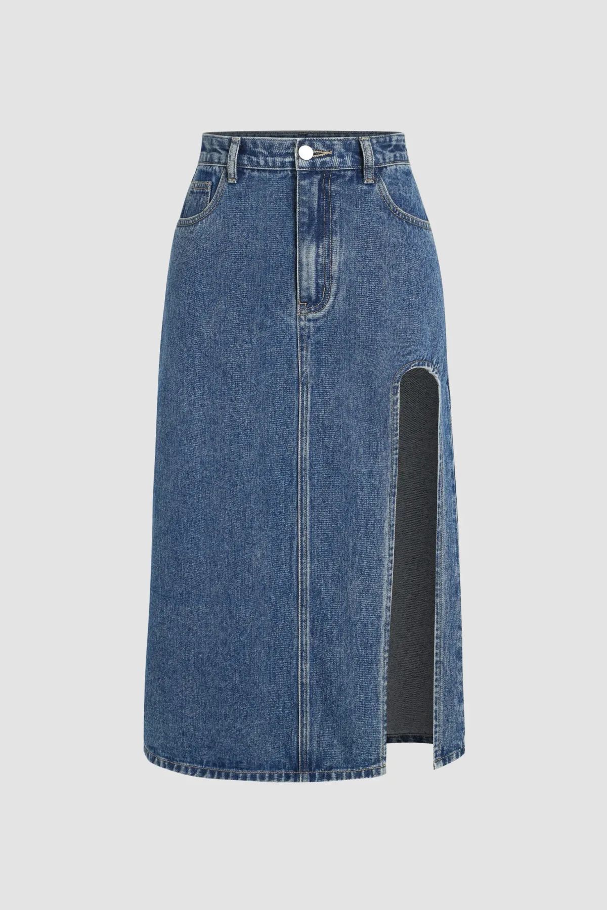 Hiccup Yırtmaçlı Denim Midi Etek
