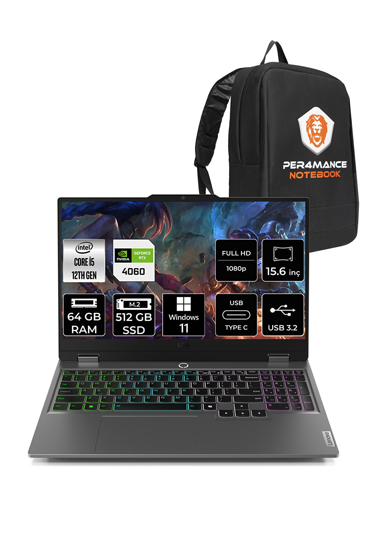 LOQ 15IAX9 i5-12450HX 64GB 512GB SSD 105W RTX4060/8GB 15.6