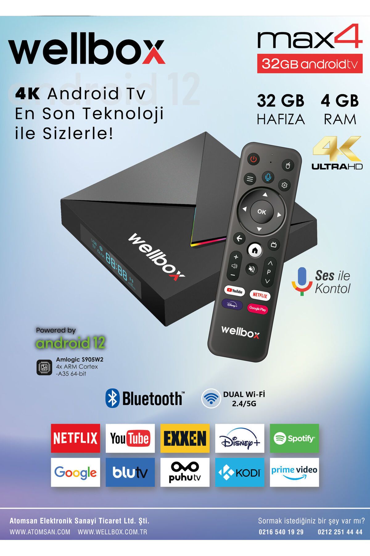 Class WELLBOX MAX4 Android TV BOX Wi-Fi Bluetooth HDMI Hafızalı Uydu Alıcısı