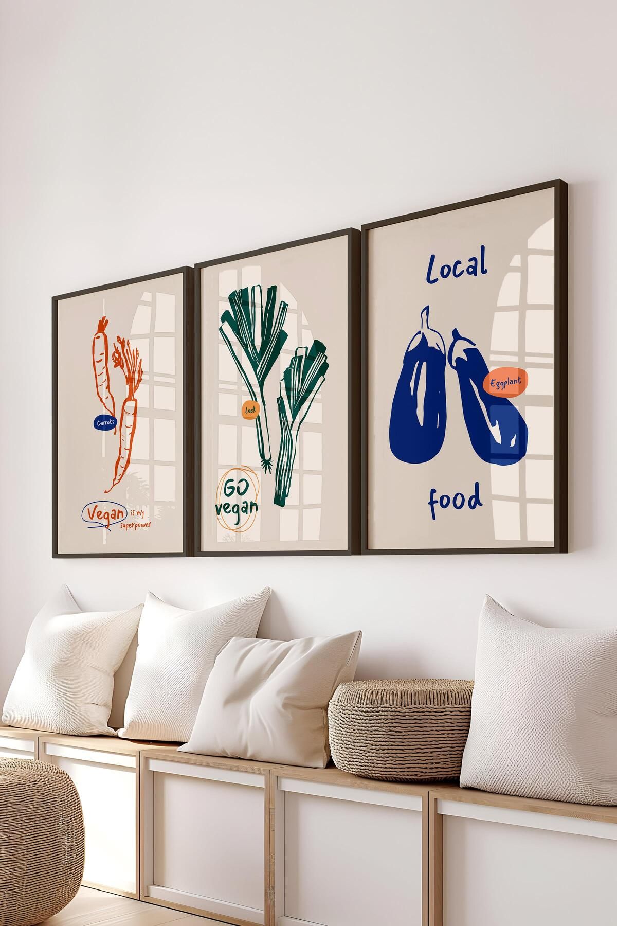 postifull Çerçeveli Tablo Seti, 3 Adet Siyah Çerçeve ve Minimalist Yemek Temalı Poster Seti, No:300553