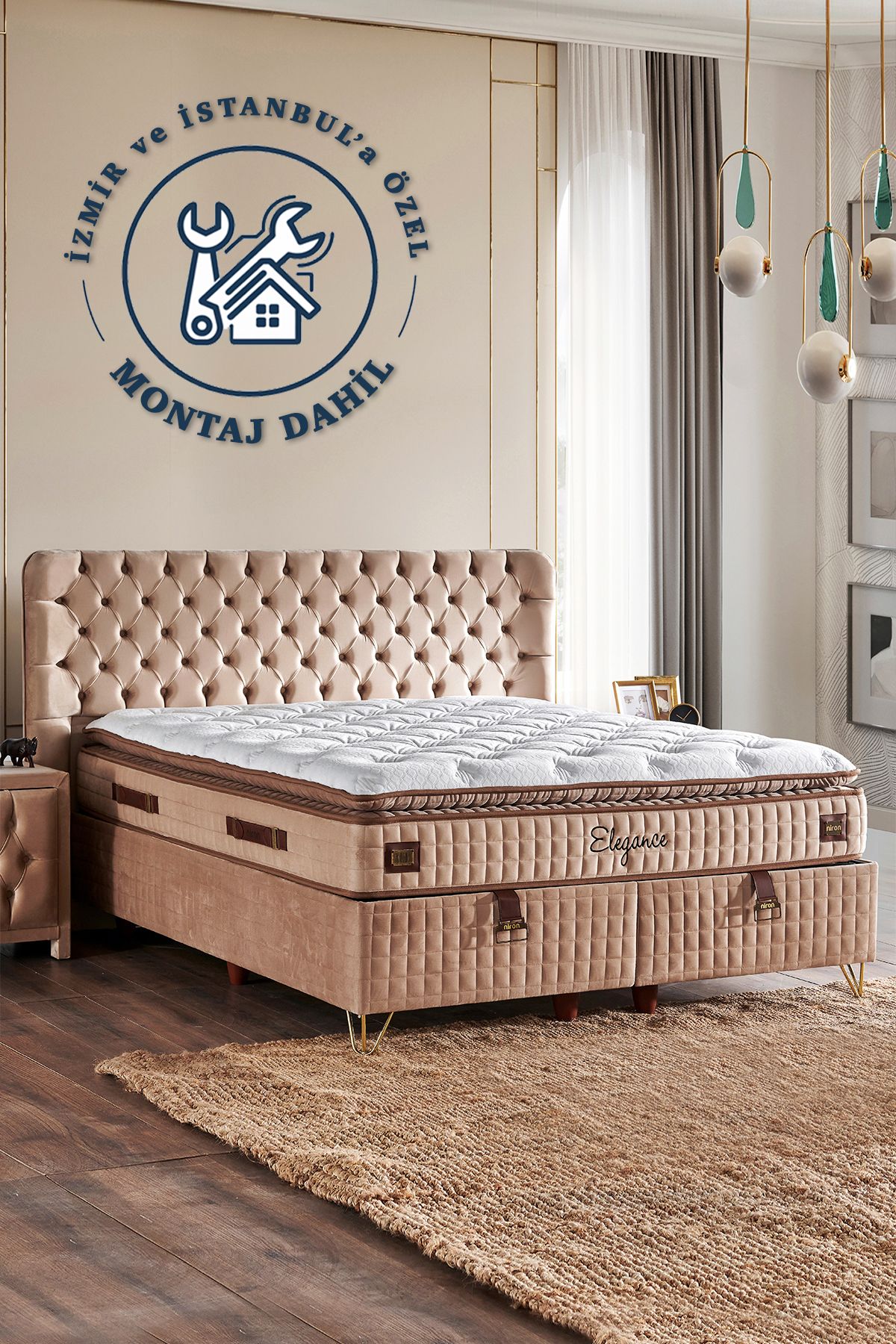Niron Üst Sınıf Elegance Yatak Seti Çift Kişilik Paket Yaylı Tavşan Tüyü Yumuşak Yatak Lüks Baza ve Başlık