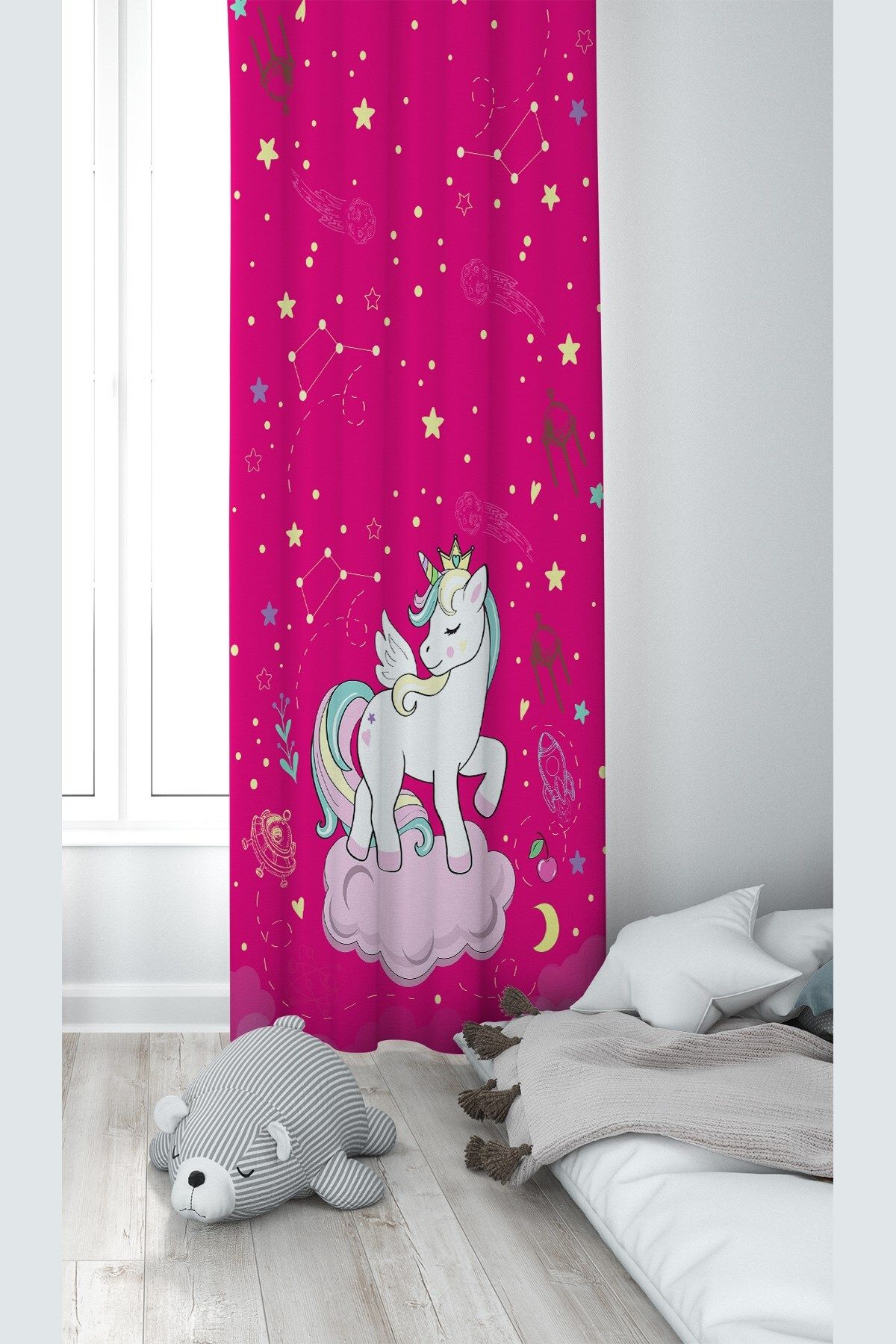 uygun dekor Pembe Unicorn Desenli Dijital Baskı Yıkanabilir Bebek Çocuk Odası Fon Perdesi