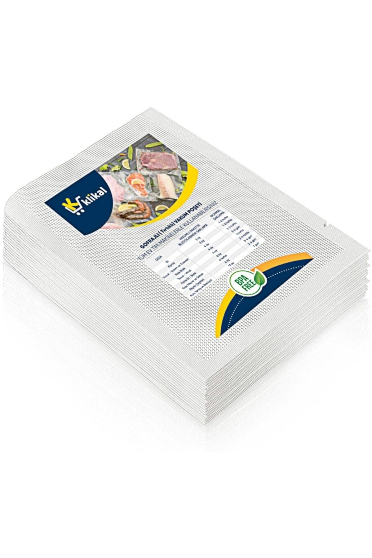 Klikal 15x20 Cm 50 Adet Gofrajlı Tırtıklı Vakum Poşeti -torbası Çok Katmanlı Kalın Tip